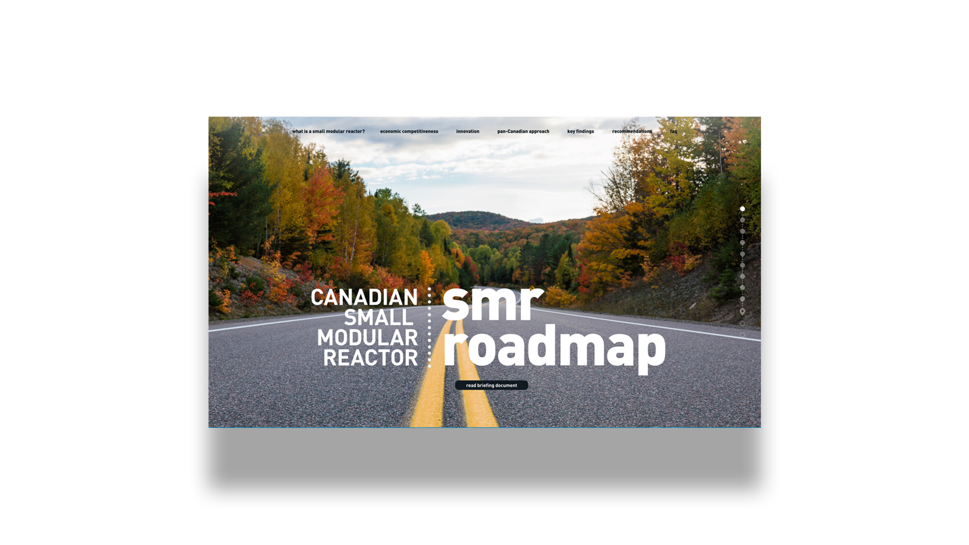 SMR Roadmap website homepage, showing Canadian roadway, and SMR Roadmap title block in bold white.