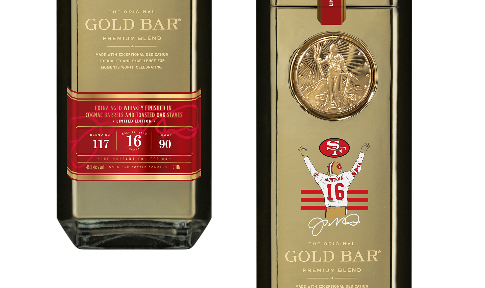 Whiskey packaging with an illustration of Joe Montana in his jersey, his signature below. Bottom of second design with red bar.