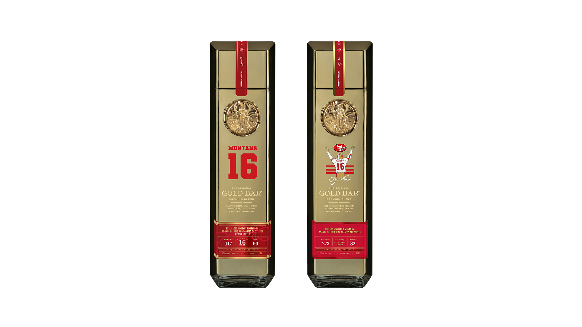 Two Gold Bar Whisky packages side-by-side; left features a simple 16 Montana illustration, right shows a Joe Montana illustration.