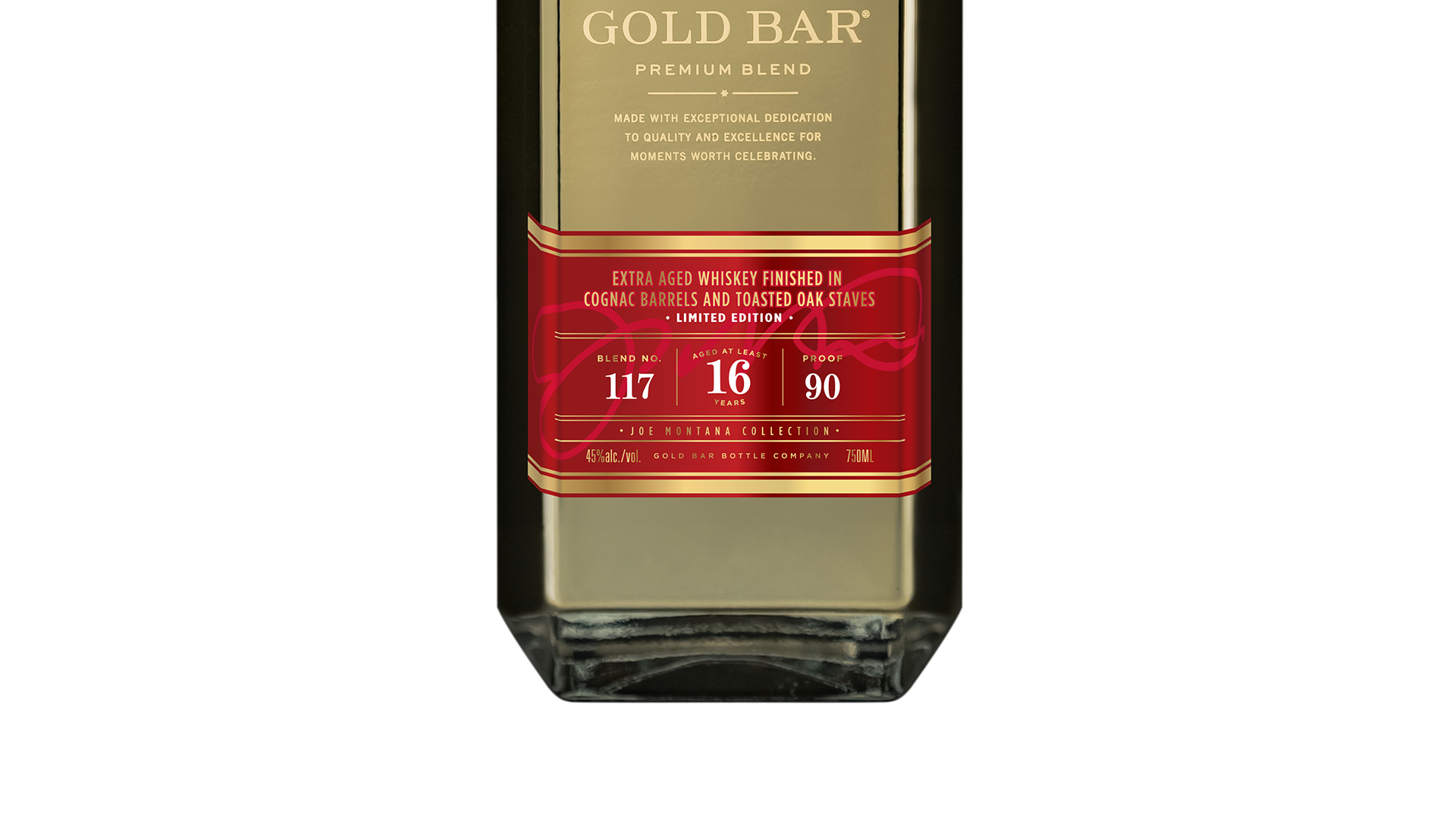 Bottom of whiskey bottle with a sleek red bar across which has the bottle contents listed, overlayed with Joe Montana's signature.