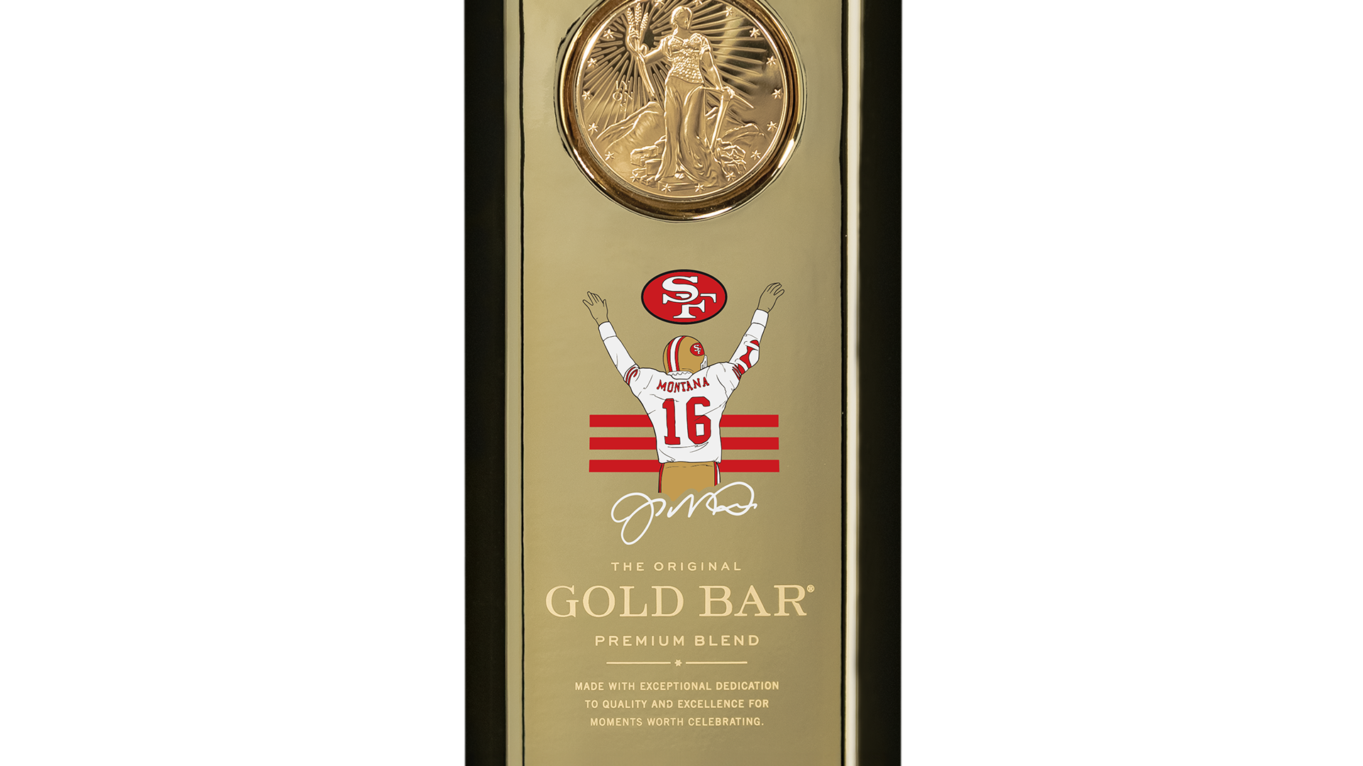 Gold Bar Whiskey package design featuring an illustration of Joe Montana in his jersey, with his signature below.