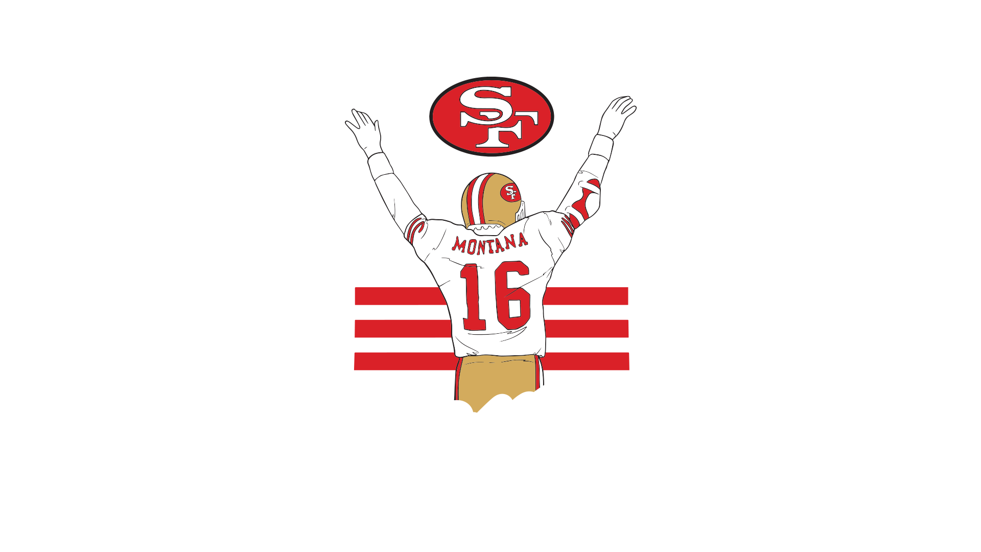 Illustration of Joe Montana wearing jersey, with his signature below, three red bars behind. San Francisco 49ers logo above.