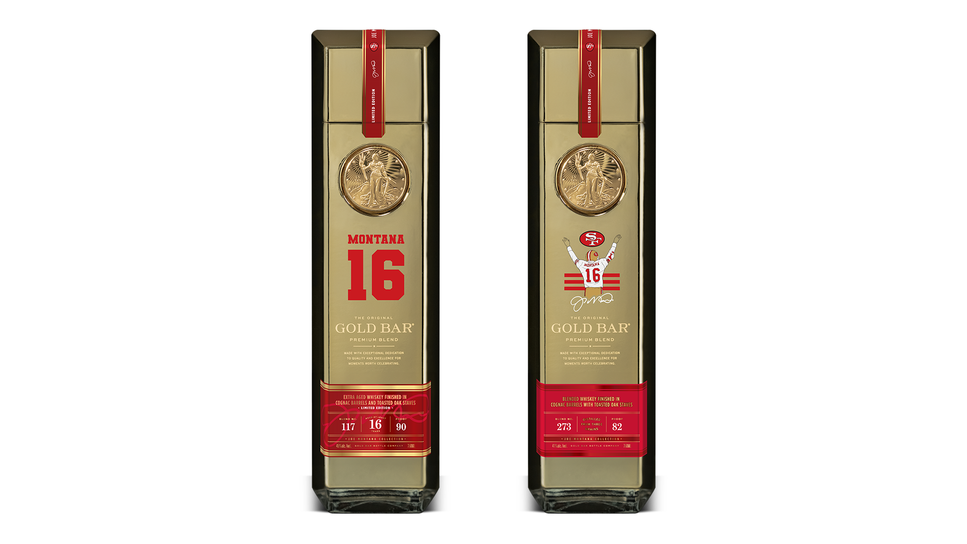 Two Gold Bar Whisky packages side-by-side; left features a simple 16 Montana illustration, right shows a Joe Montana illustration.