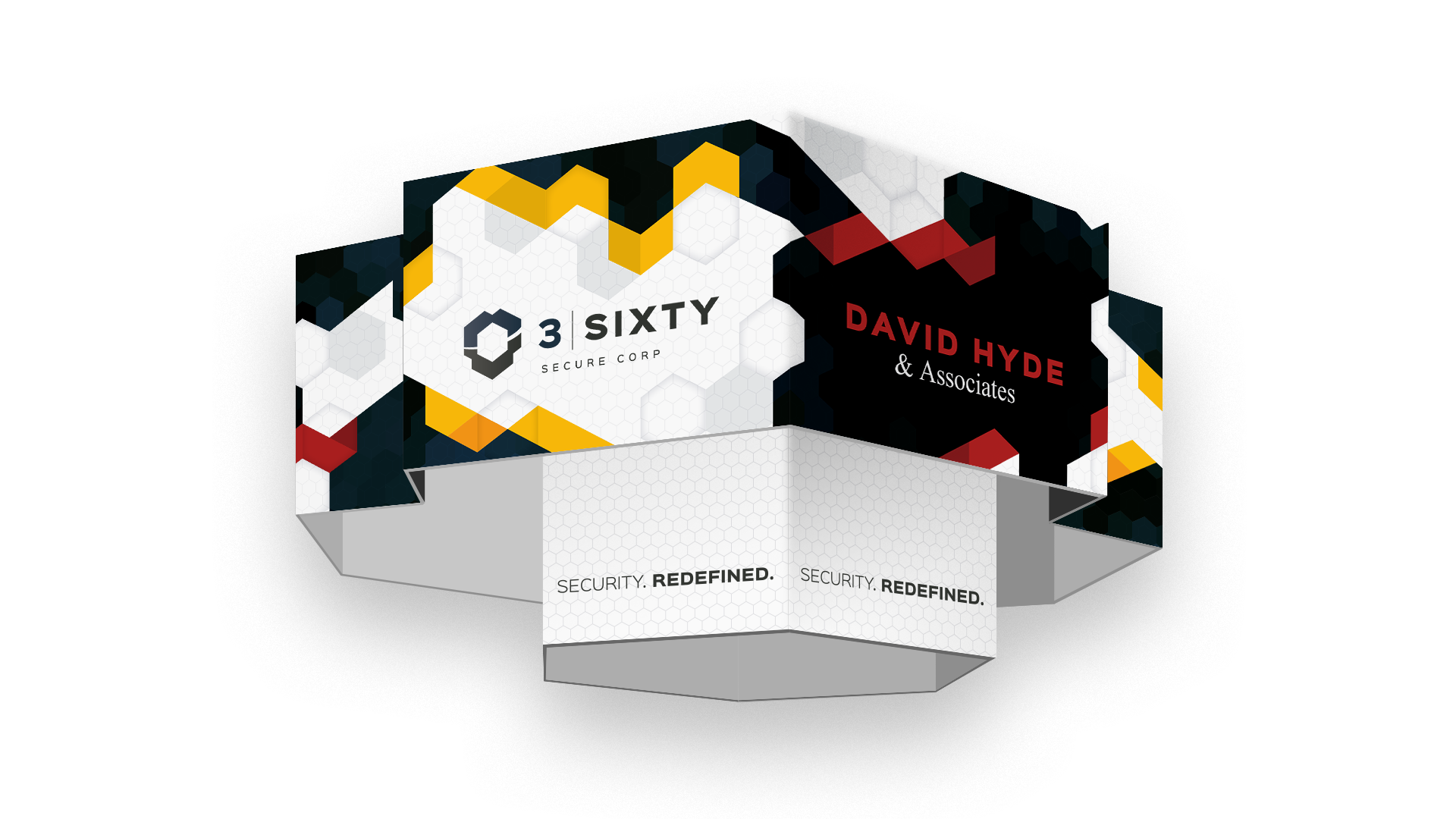 Angular hanging banner with the 3Sixty logo and branding elements in yellow, grey, and white.