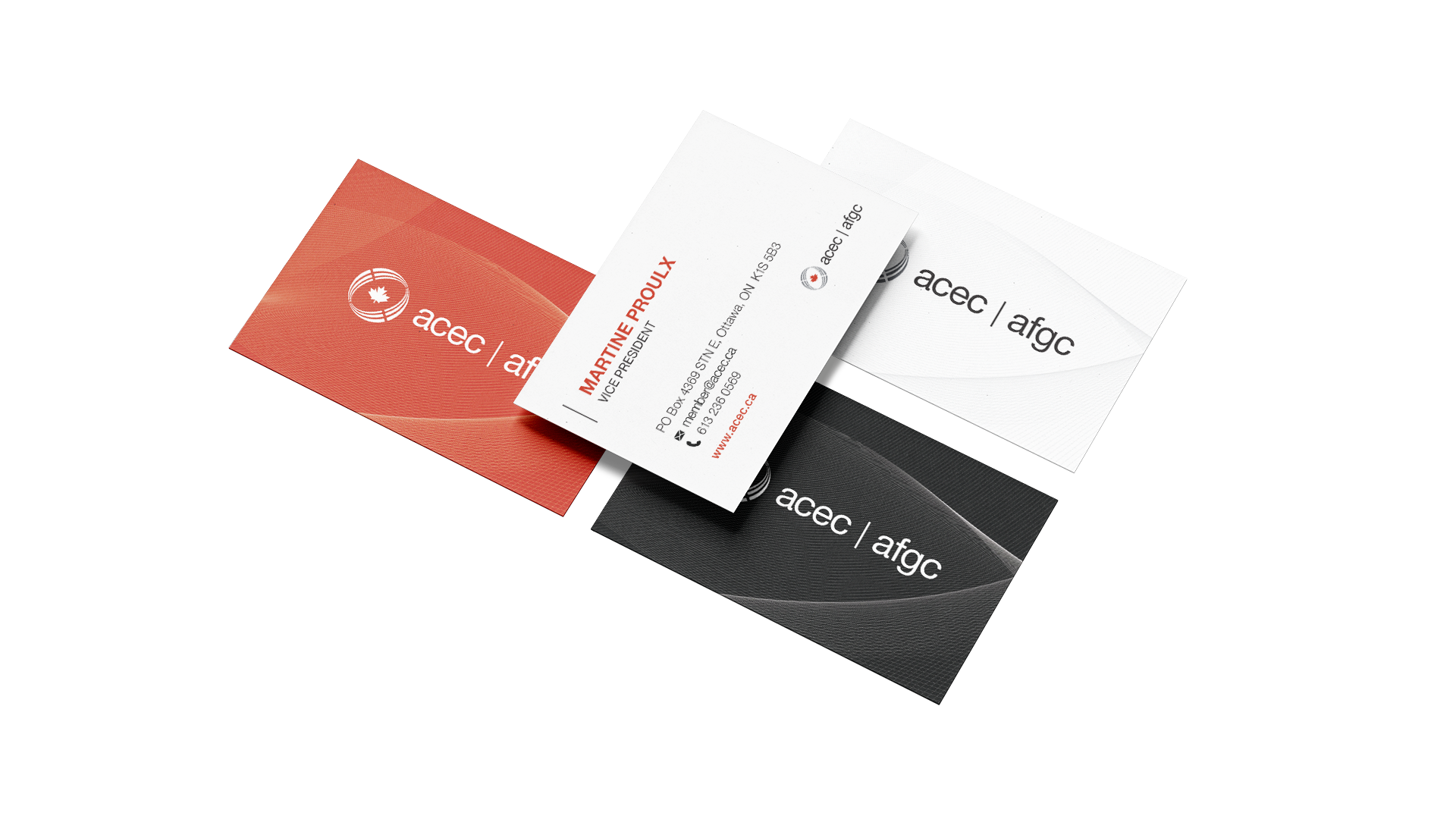 Three ACEC business card backs: red; white with grey and red logo and subtle curved accents; and black with logo in white.