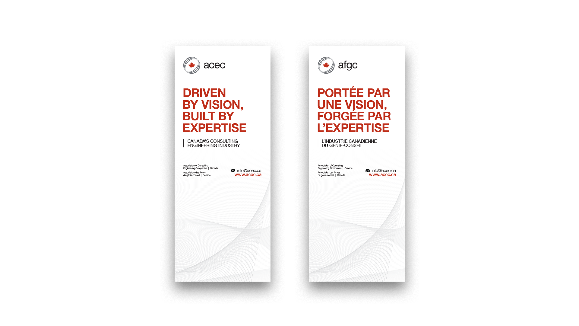 Two ACEC banners: white background, grey/red logo at top, red and grey text below, dynamic curves along bottom.