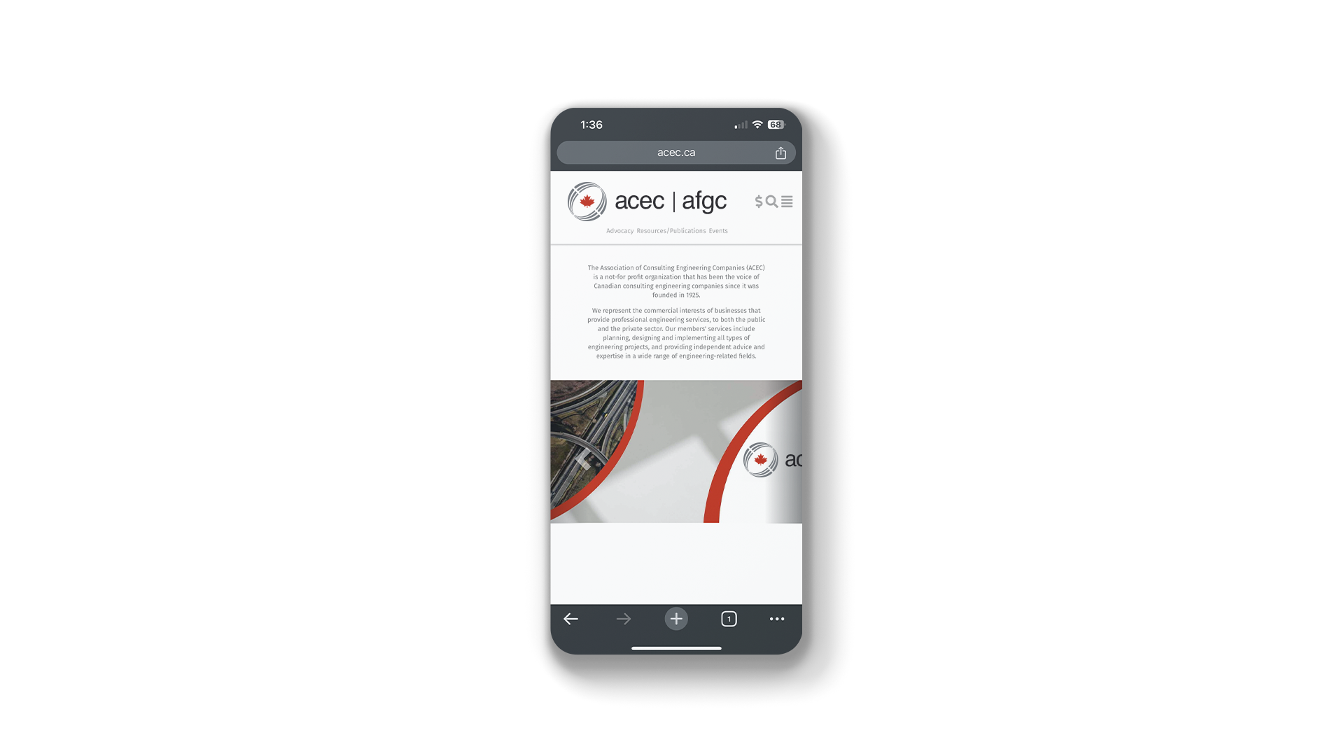 ACEC website homepage at mobile size.