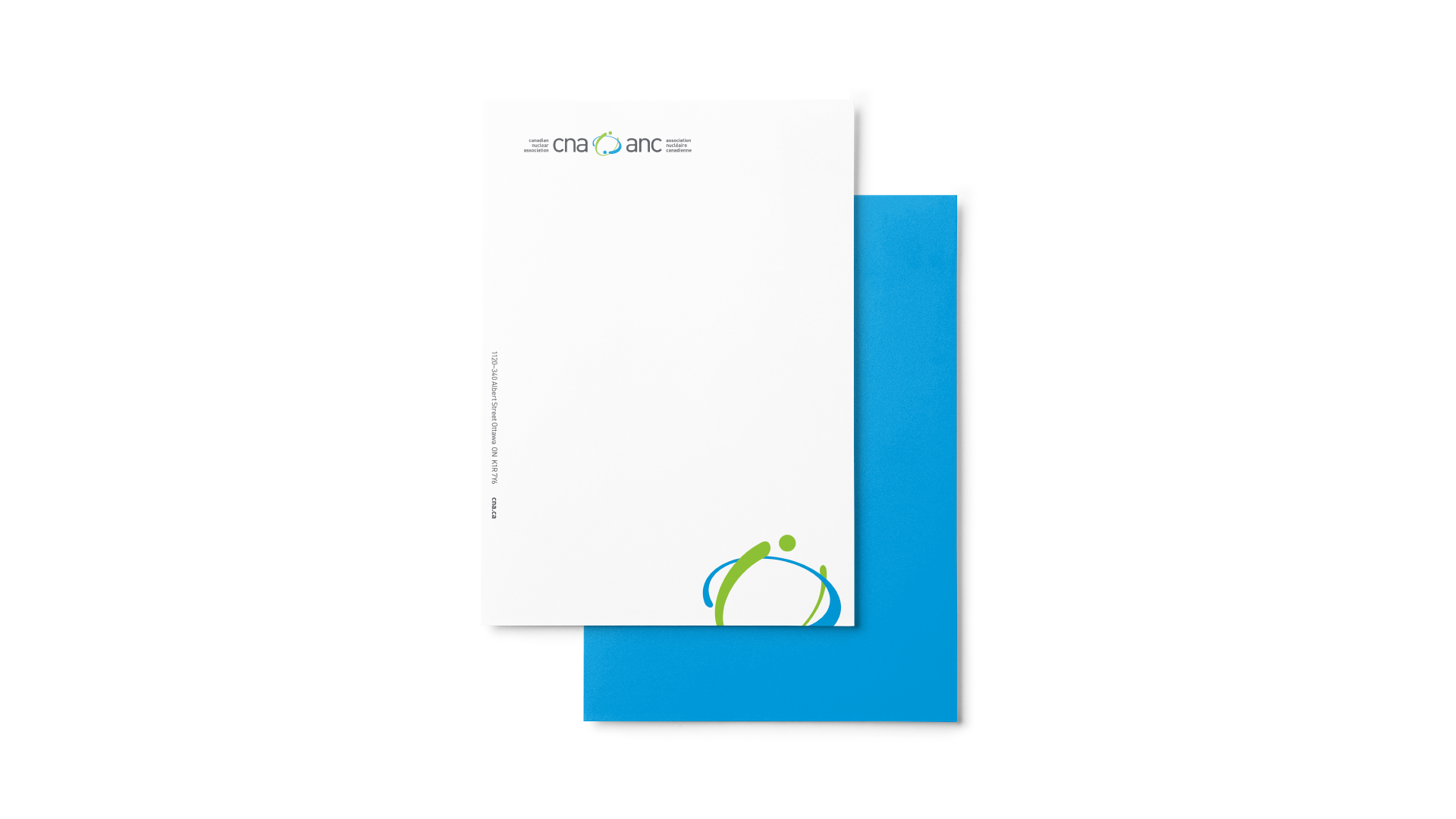CNA letterhead: linear logo top left, vertical contact info left side, logo mark bottom right; back is solid CNA blue.