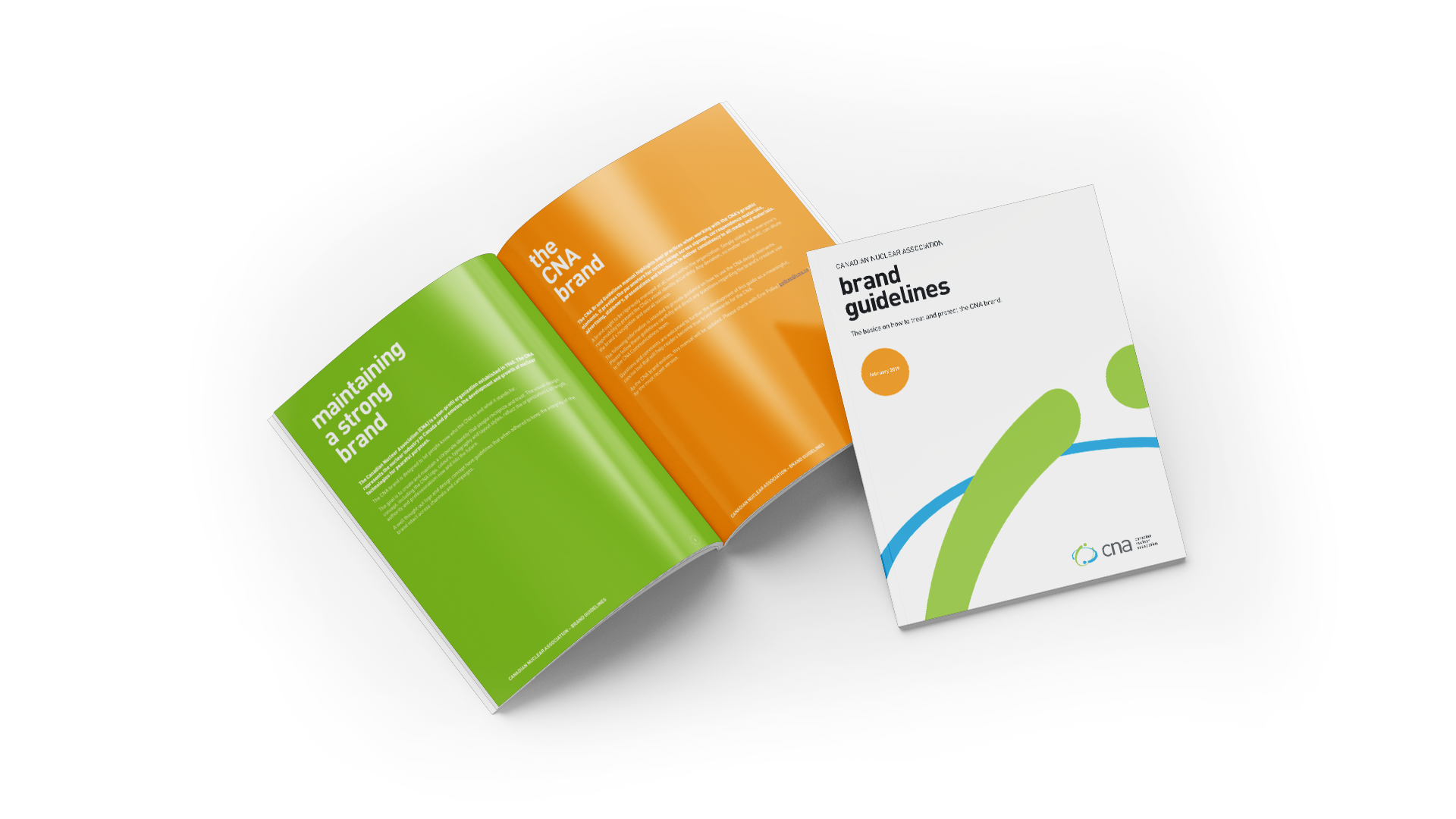 Brand guidelines spread: left page CNA green with ‘Maintaining a Strong Brand’, right page CNA orange with ‘The CNA Brand’.