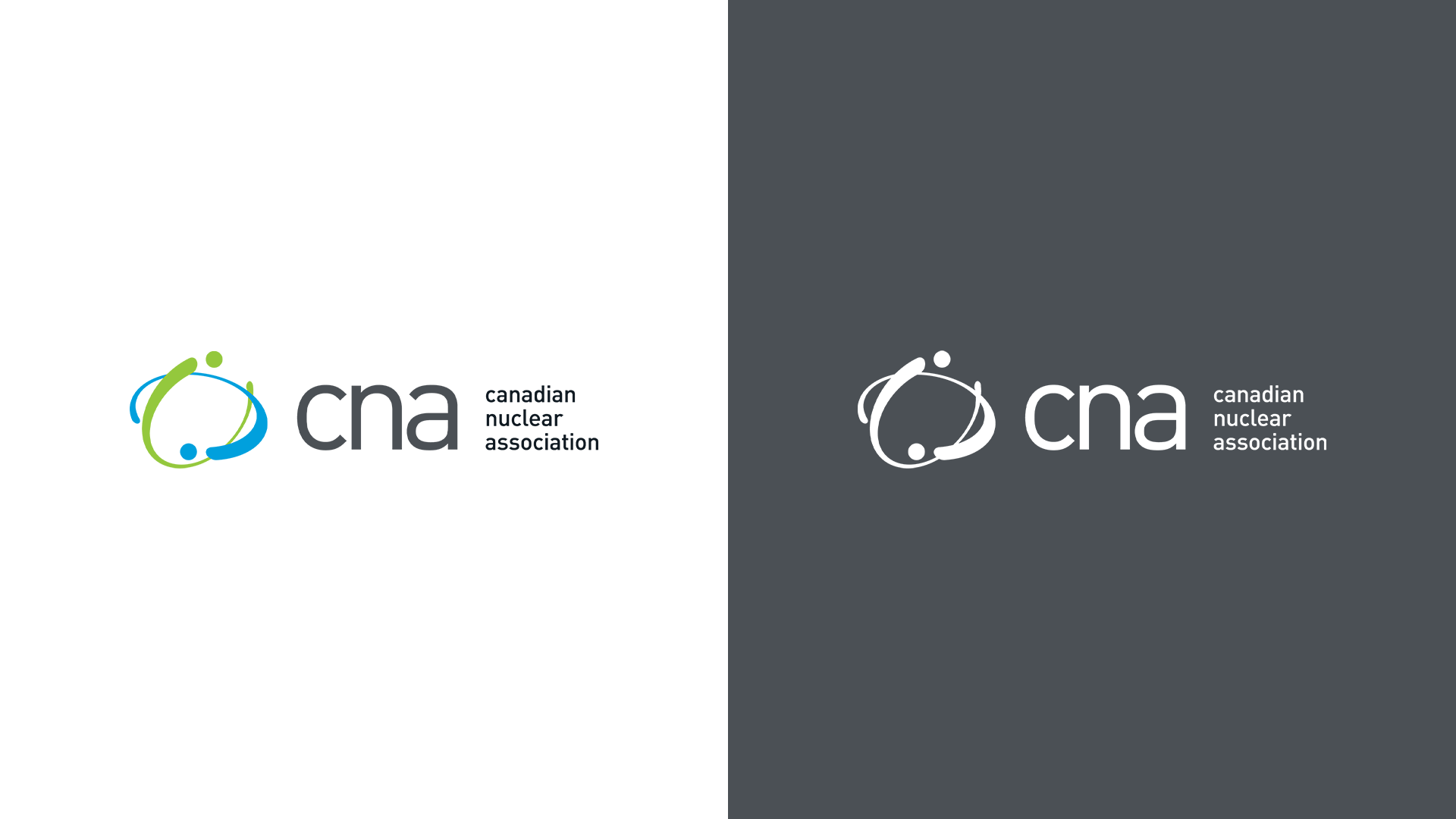 Side-by-side logos: left shows full-colour logo on white; right shows white logo on grey background.