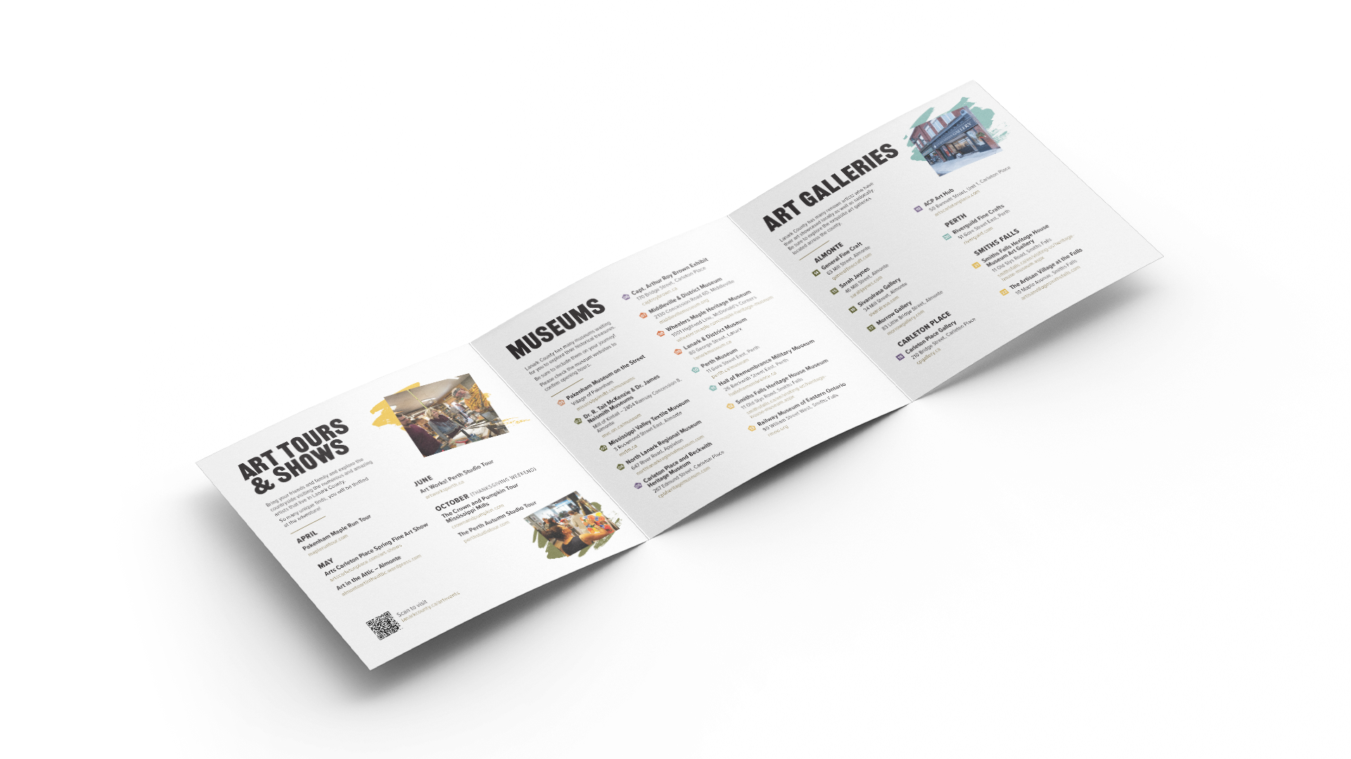 Map pamphlet interior with three pages listing art tours & shows, museums, and galleries.