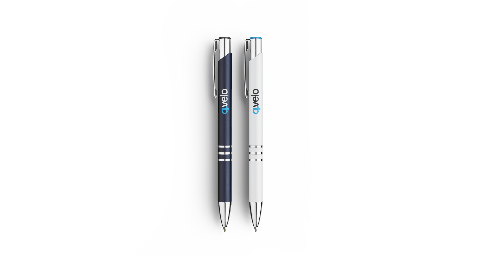 Two pens side by side: a black pen on the left and a white pen on the right, both featuring the QVelo logo printed on the side.