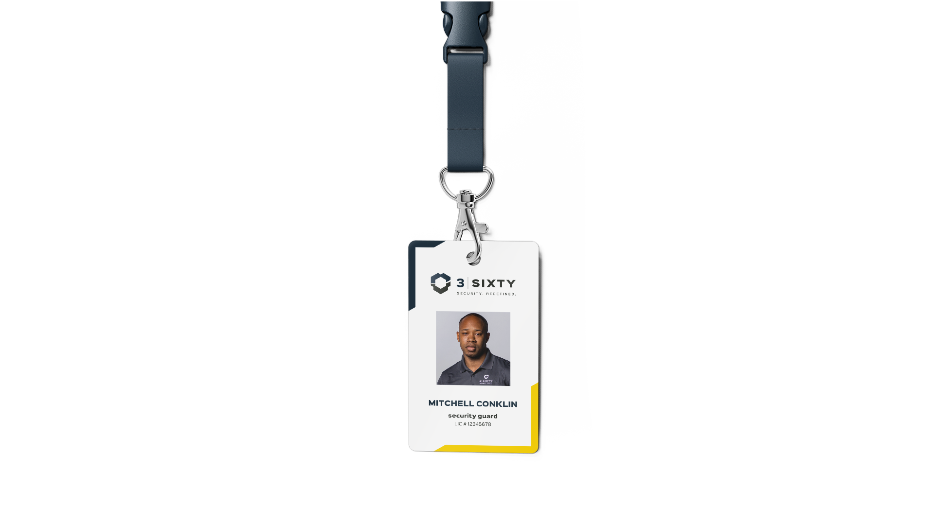 3sixty ID card with blue and yellow corner accents on blue lanyard; logo at top, photo in the centre, name below photo.