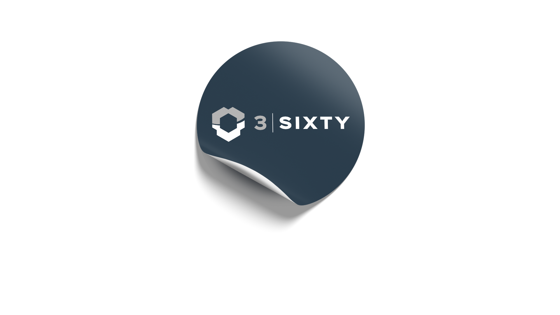 3sixty logo on a round navy blue sticker, with the bottom left edge slightly lifted.