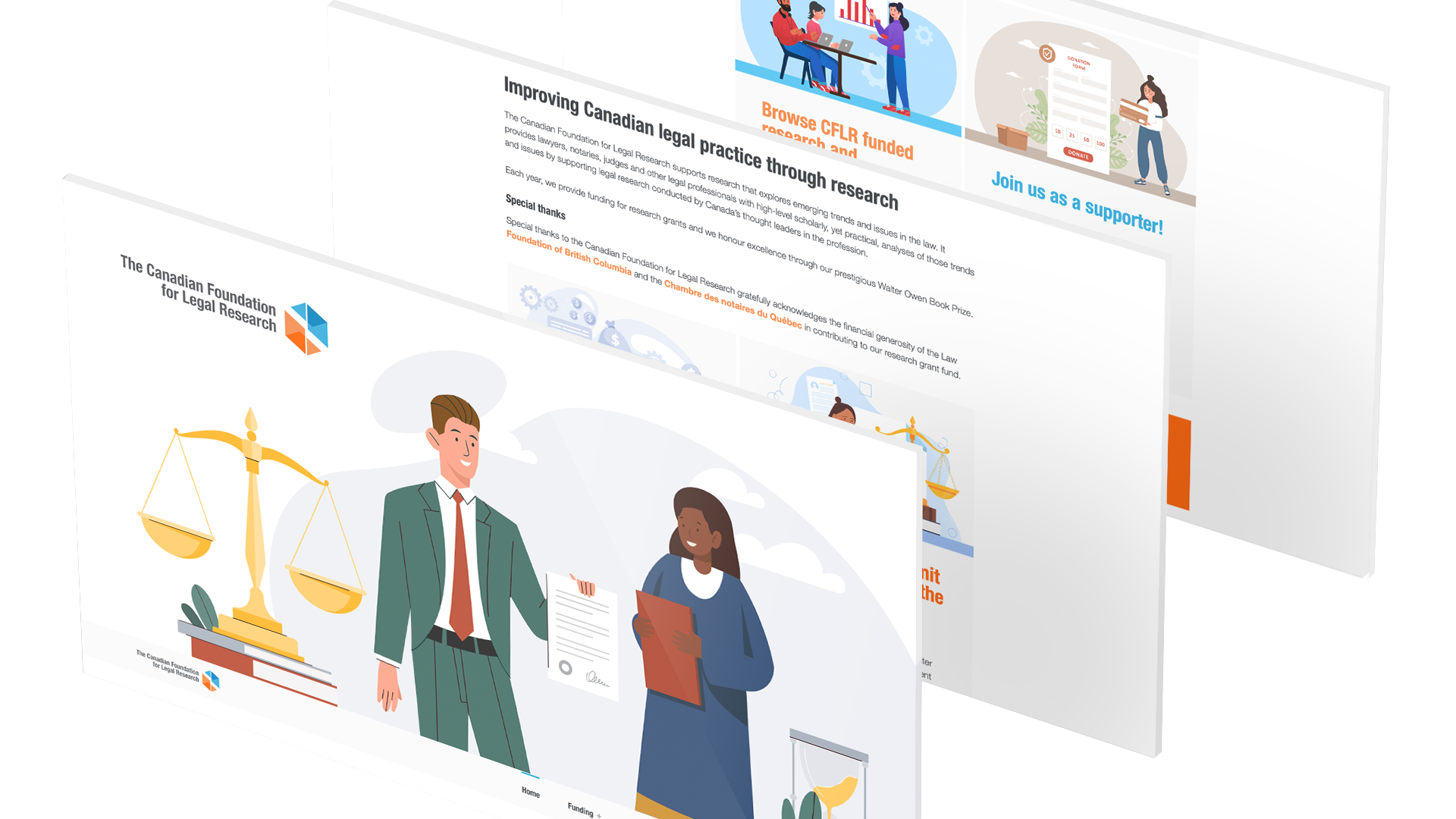 Three desktop screens showing site layout and typography styles.