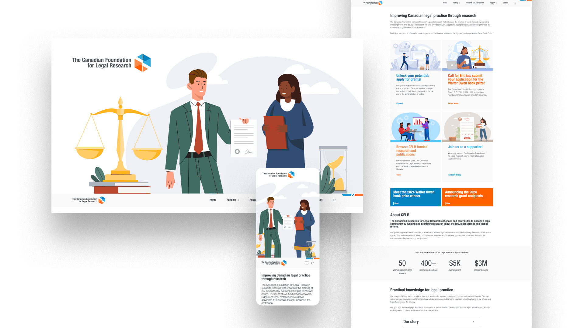 Responsive display of the home page showing the website at desktop, tablet, and mobile sizes.