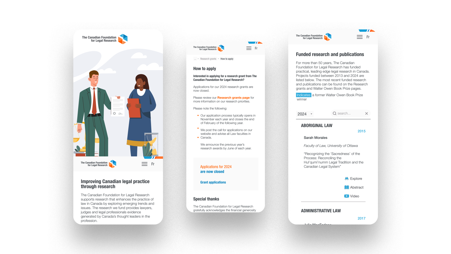 Three mobile screens of CFLR website pages with clean white layouts and informative icons accompanying some information.