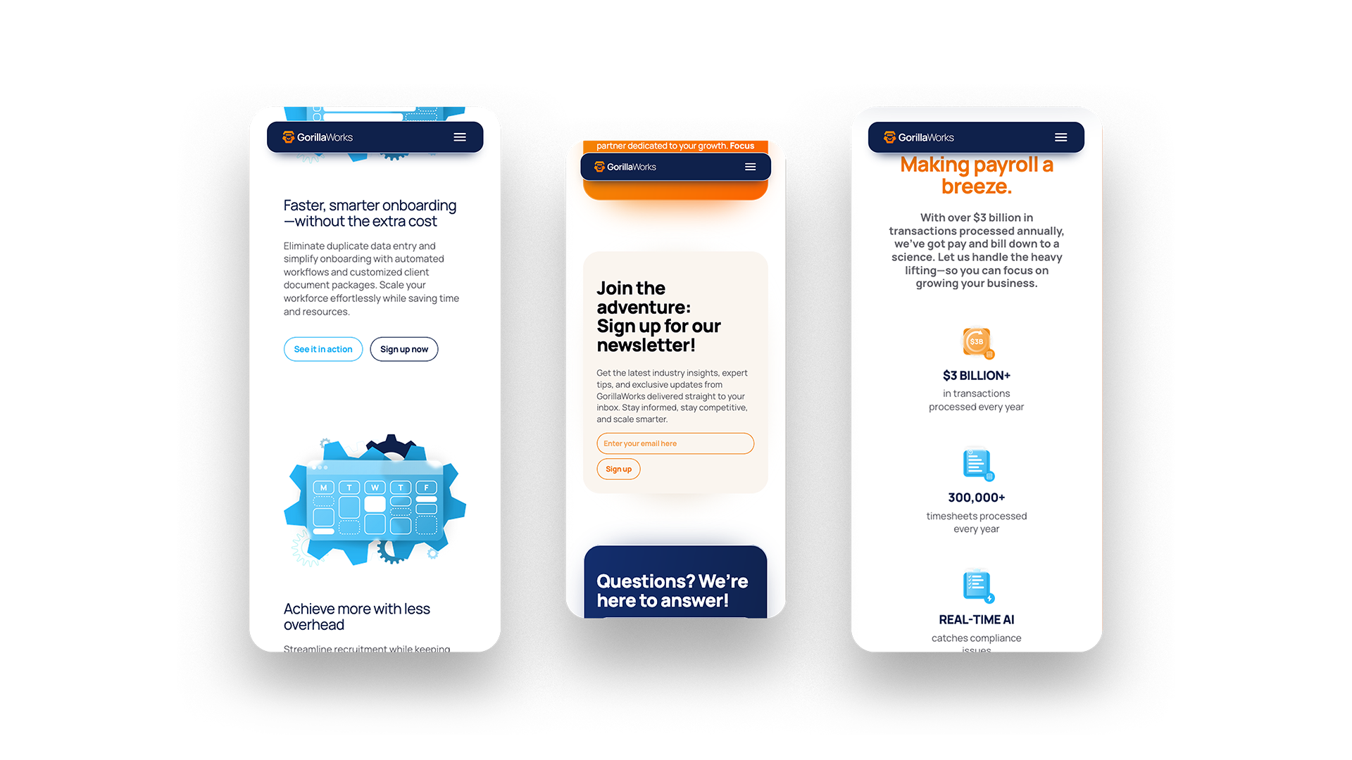 Three mobile screens of Gorillaworks website pages with clean white layouts and colourful icons. accompanying information.