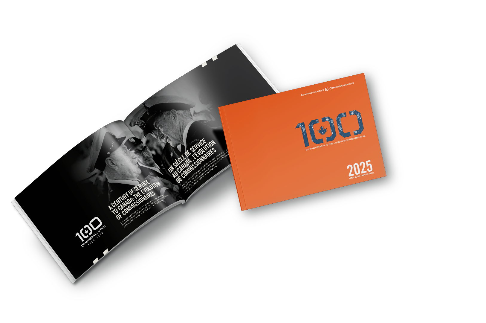 Annual Report: black and white centre spread; orange front cover with die-cut Commissionaires 100 logo.