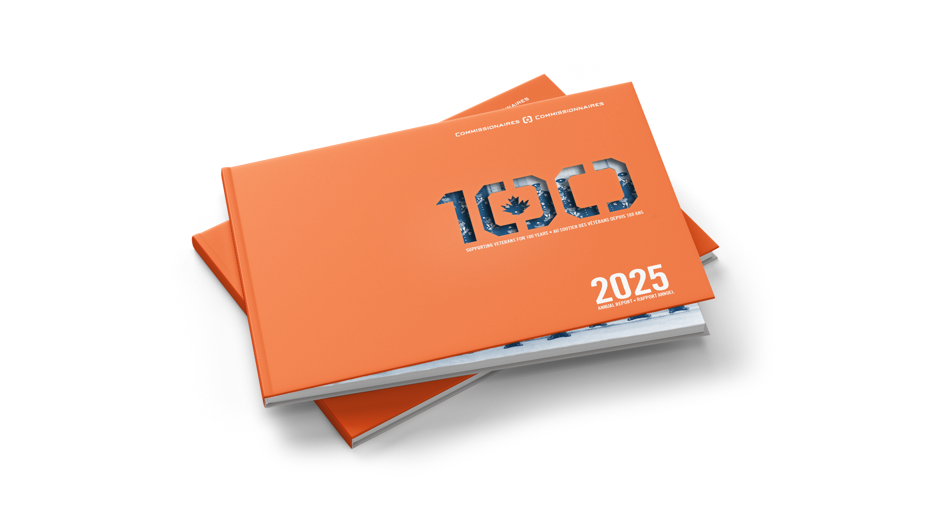 2025 Annual Report front cover: orange with white bilingual text and logos; die-cut Centennial logo reveals blue-toned photo inside.