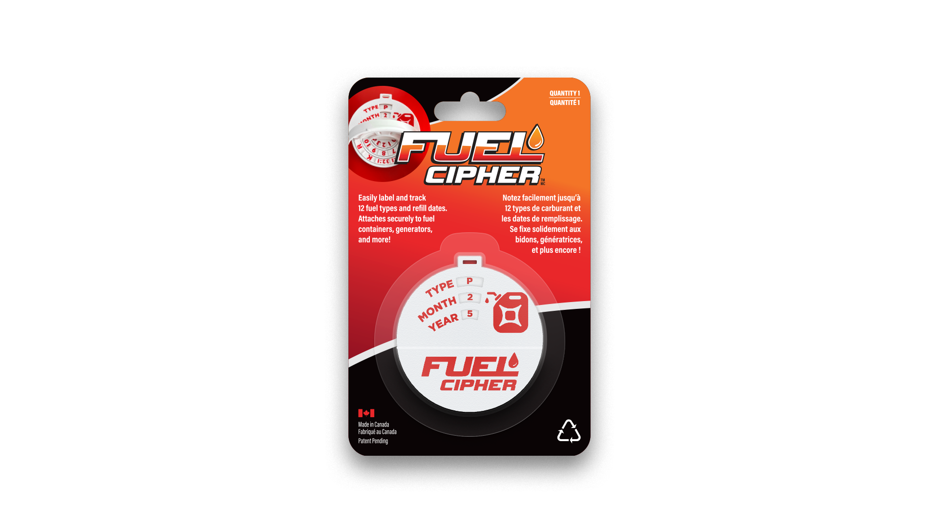 Front of Fuel Cipher packaging: red and orange background, black bottom section, logo at top, white instructions around product.