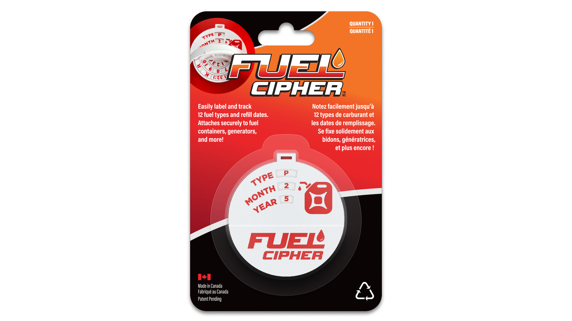 Front of Fuel Cipher packaging: red and orange background, black bottom section, logo at top, white instructions around product.