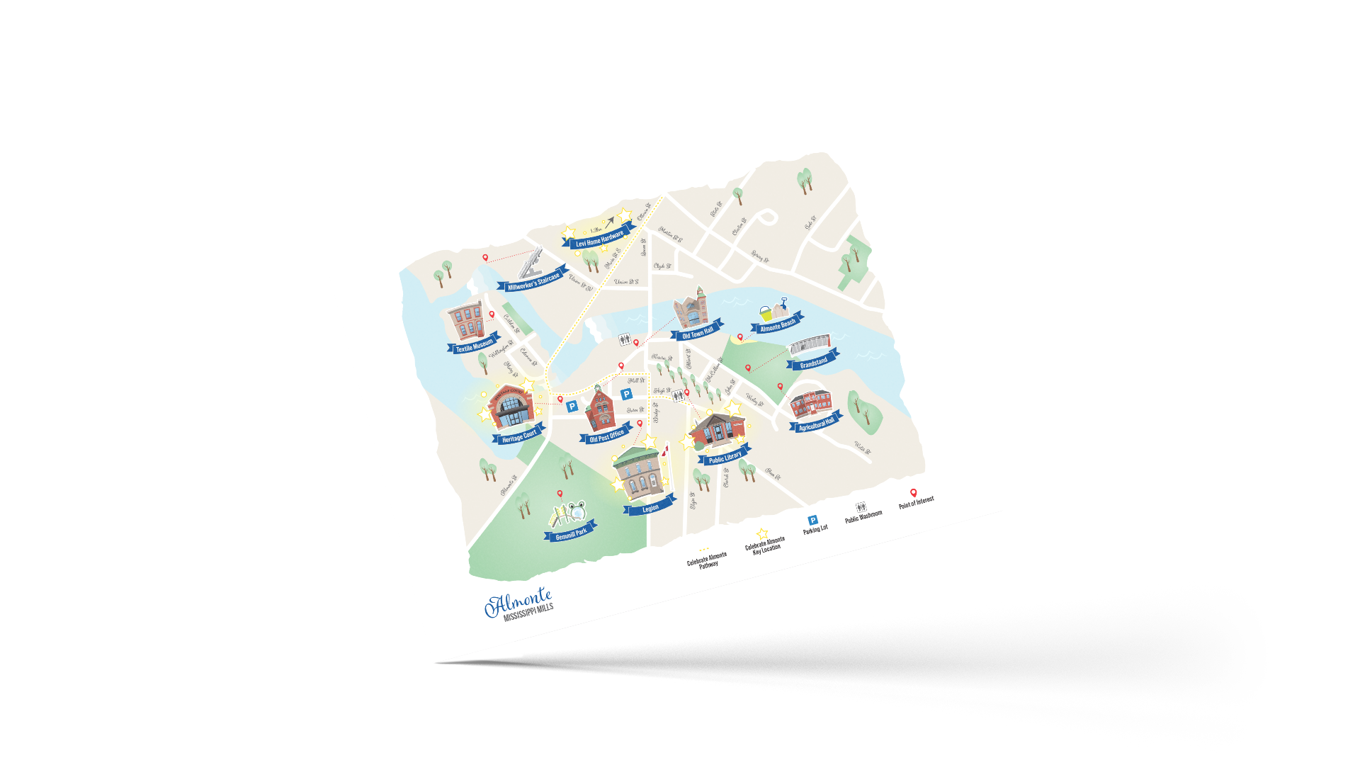 Printed Mississippi Mills map highlighting key Almonte locations, tilted to the left.