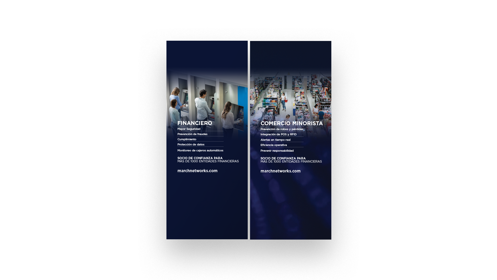 Two side-by-side highlight panels with integrated images and Spanish text conveying March Networks messaging.