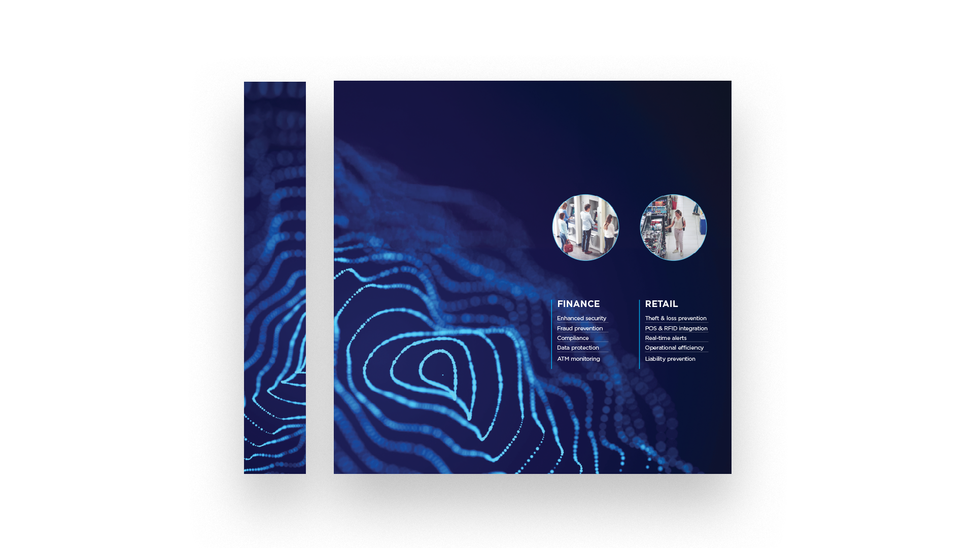 Booth panels: side panel on the left and front larger panel with 2 circular images with text and bullet points below.