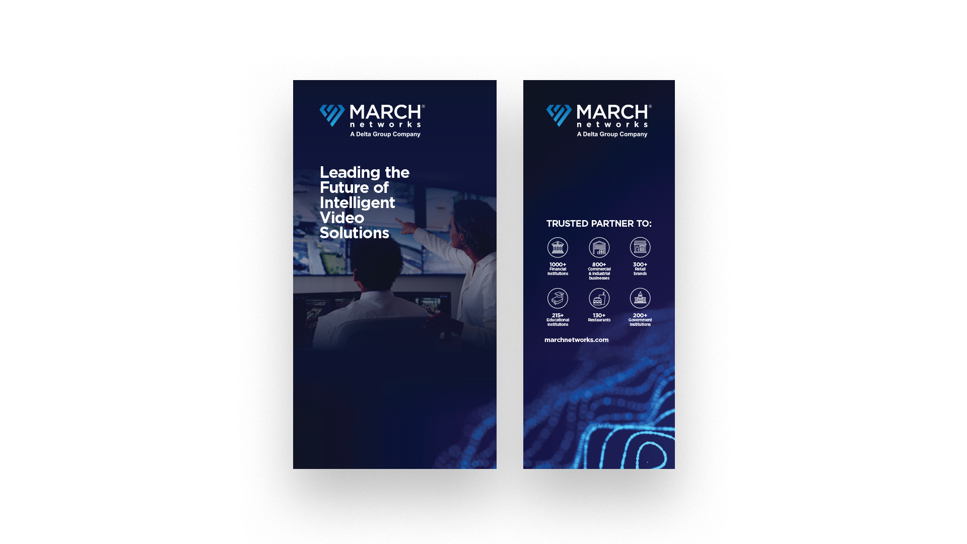 Two booth panels connected by a glowing web graphic, with bold informational text and icons.