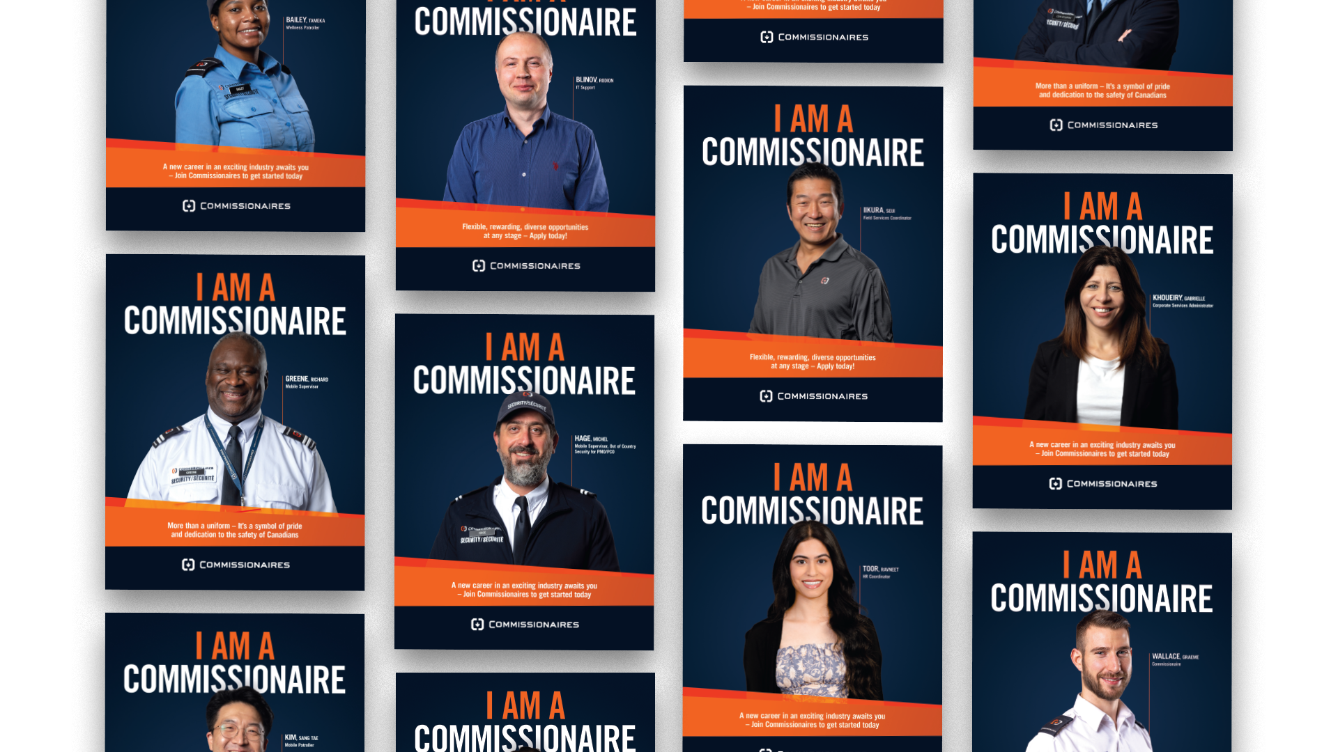 Twelve ‘I am a Commissionaire’ posters staggered in placement, each depicting a different Commissionaire worker.