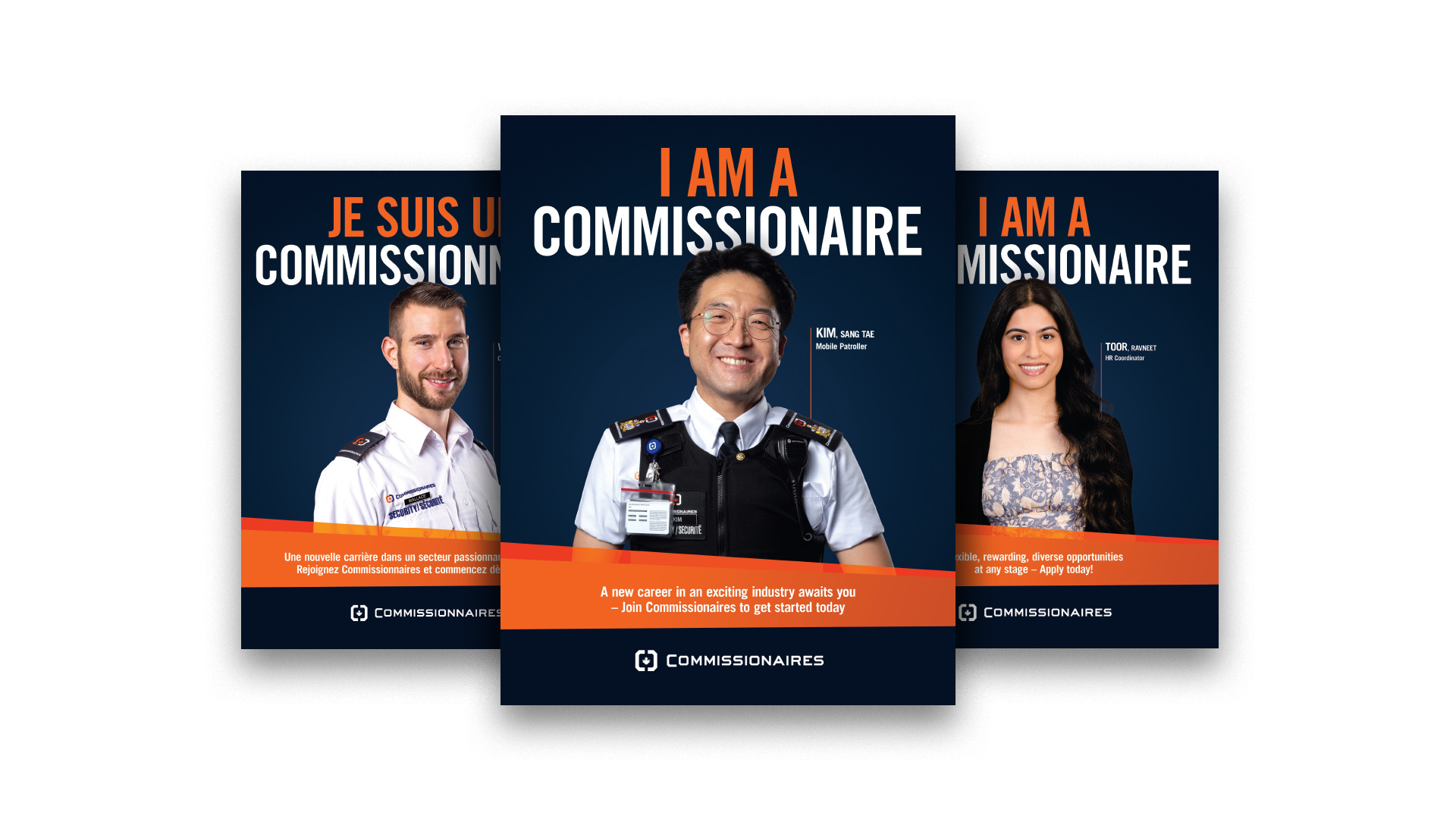Three “I am a Commissionaire” posters showing employees in front of bold text on dark blue backgrounds with orange accents.