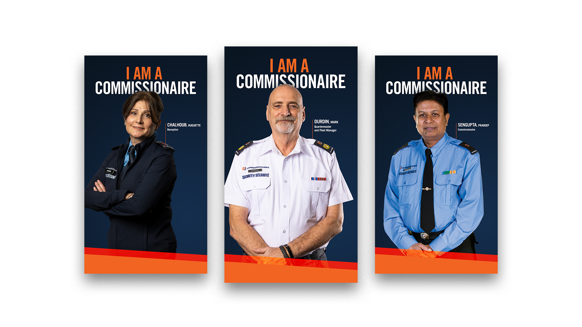 Three “I am a Commissionaire” ads showing employees in front of bold text on dark blue backgrounds with orange accents.