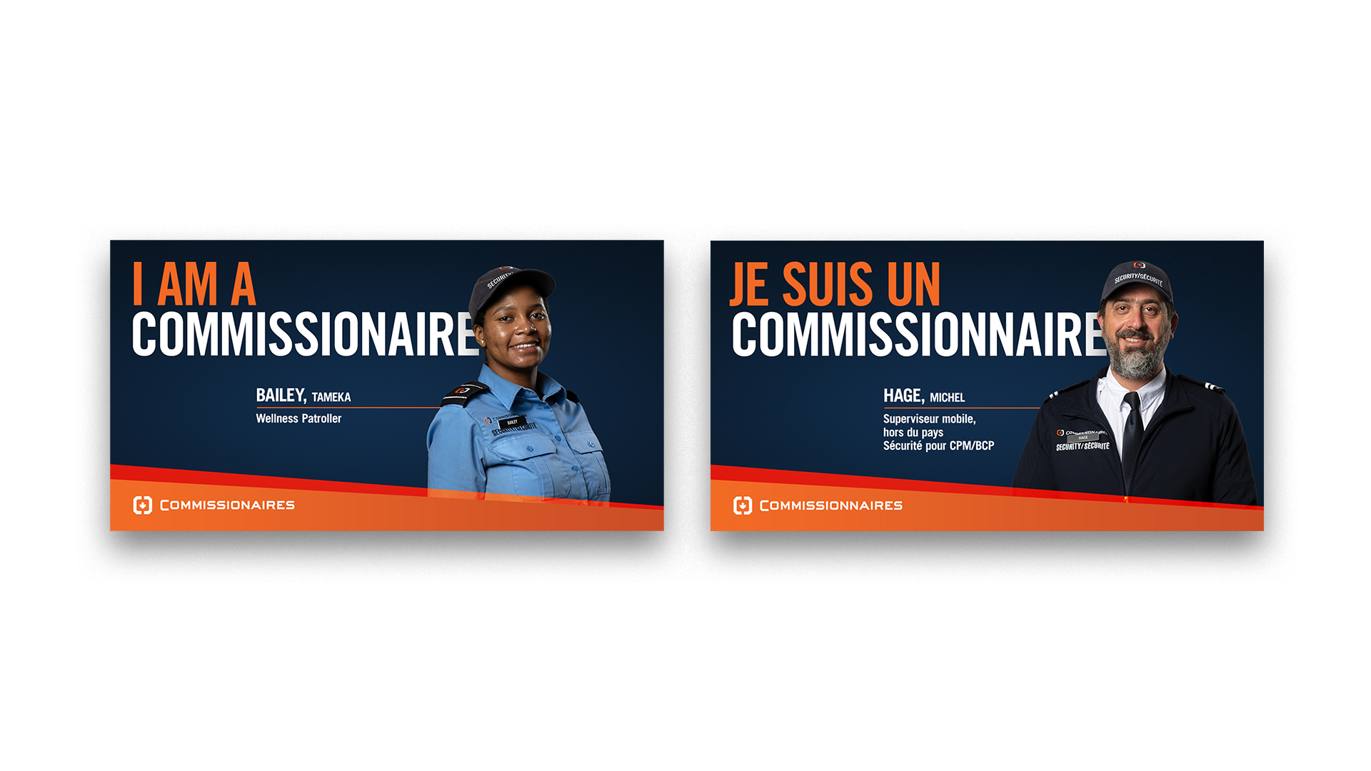 Two “I am a Commissionaire” social media ads showing employees in front of bold text on dark blue backgrounds with orange accents.