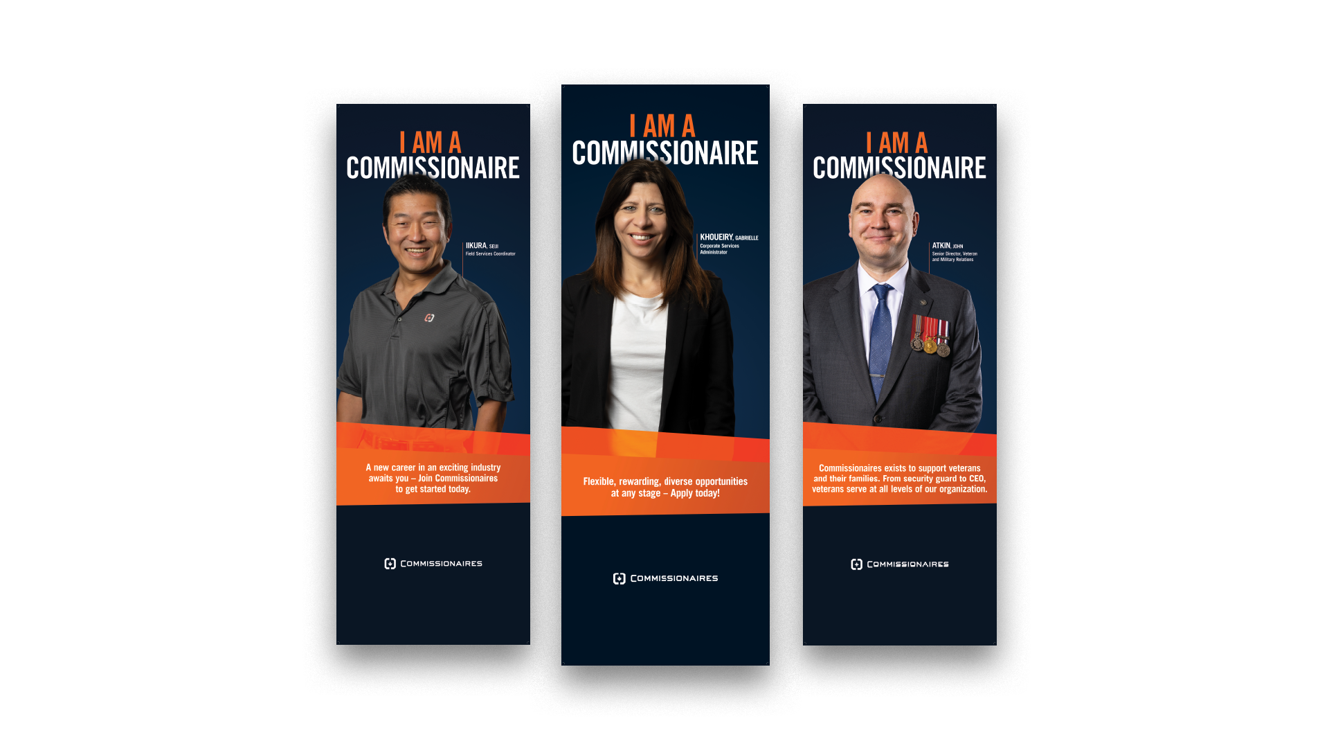 Three “I am a Commissionaire” pull-up banners showing Commissionaires employees on dark blue backgrounds with orange accents.