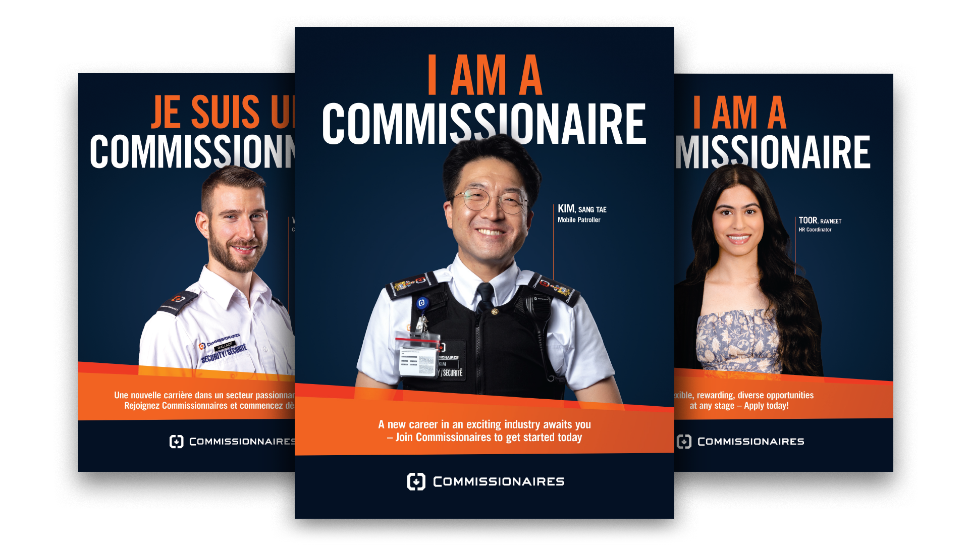 Three “I am a Commissionaire” posters showing employees in front of bold text on dark blue backgrounds with orange accents.
