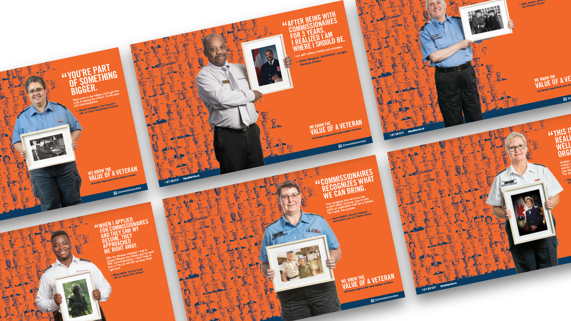 Six posters each showing a Commissionaire holding a military service photo, with a quote on an orange background.