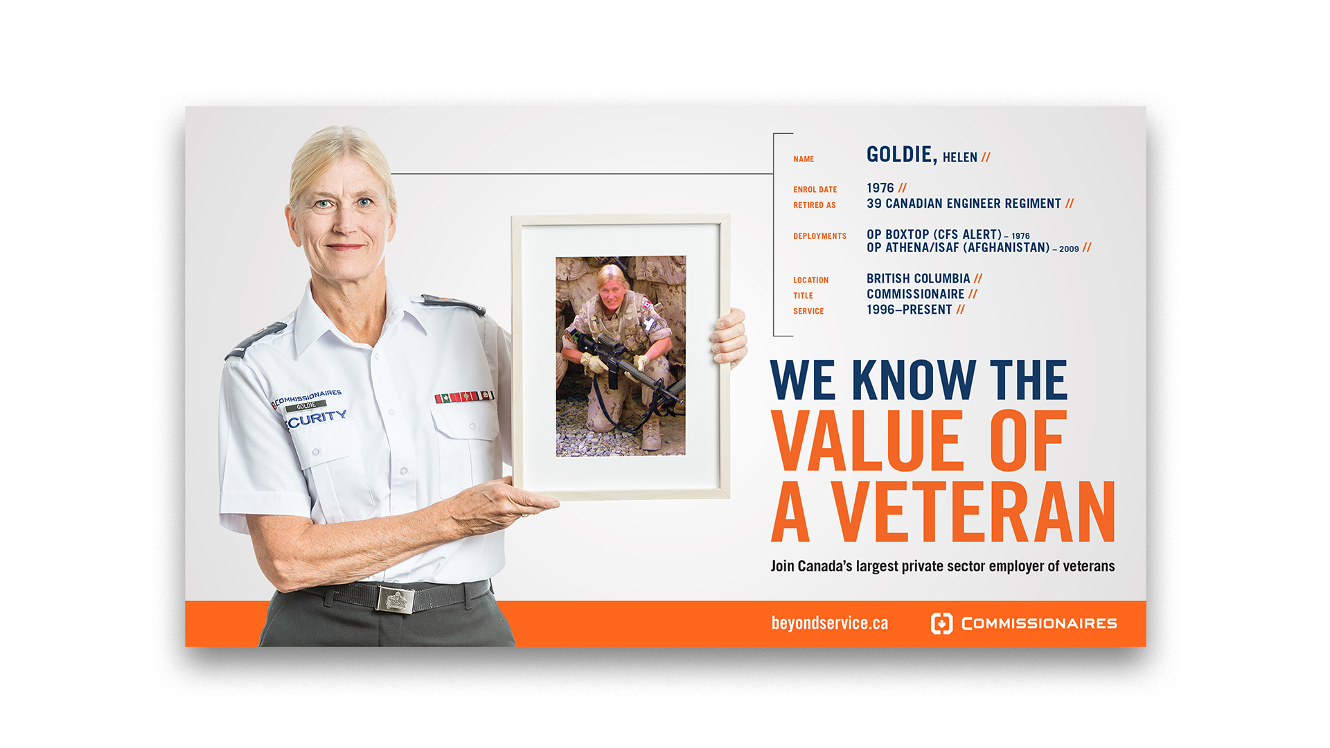 Web ad featuring a Commissionaire holding a photograph of her time in service, on a light grey gradient background.