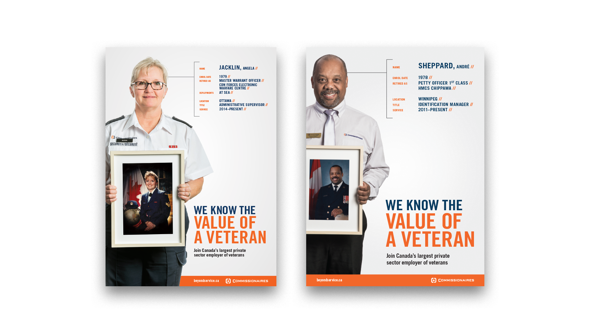 Two vertical "Value of a Veteran" newspaper ads, each showing a Commissionaire holding a photograph from their time in service.