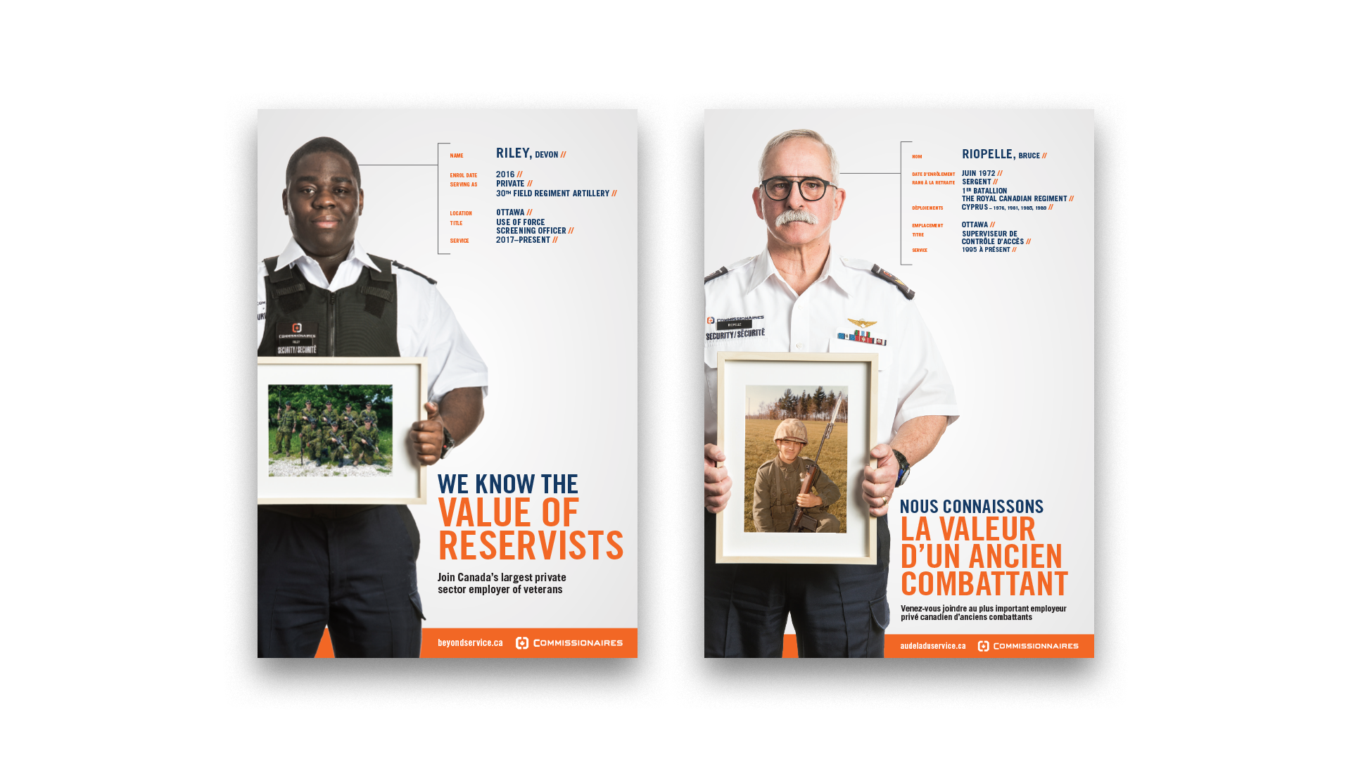 Two newspaper ads from the Value of a Veteran campaign: one in French, one with the message ‘We Know the Value of Reservists’.