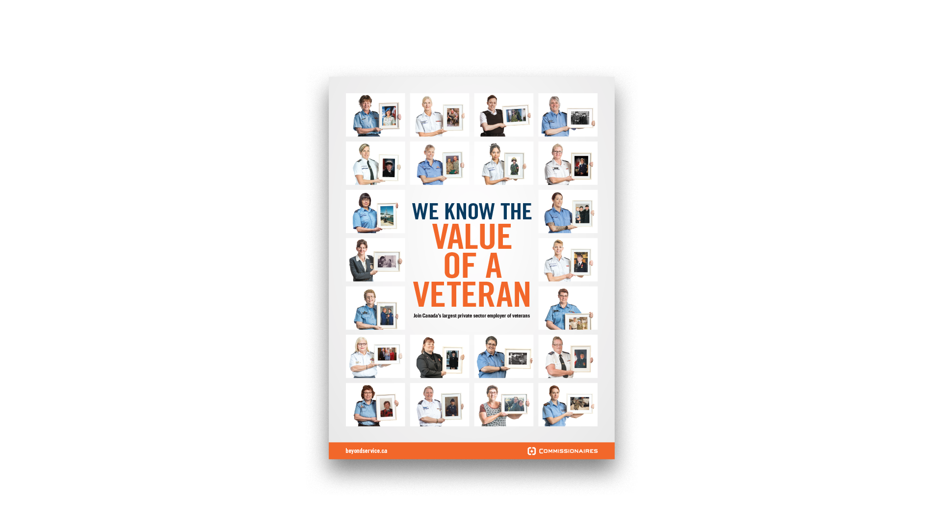 Poster titled 'We Know the Value of a Veteran,' surrounded by grid of Commissionaires holding photos from their military service.