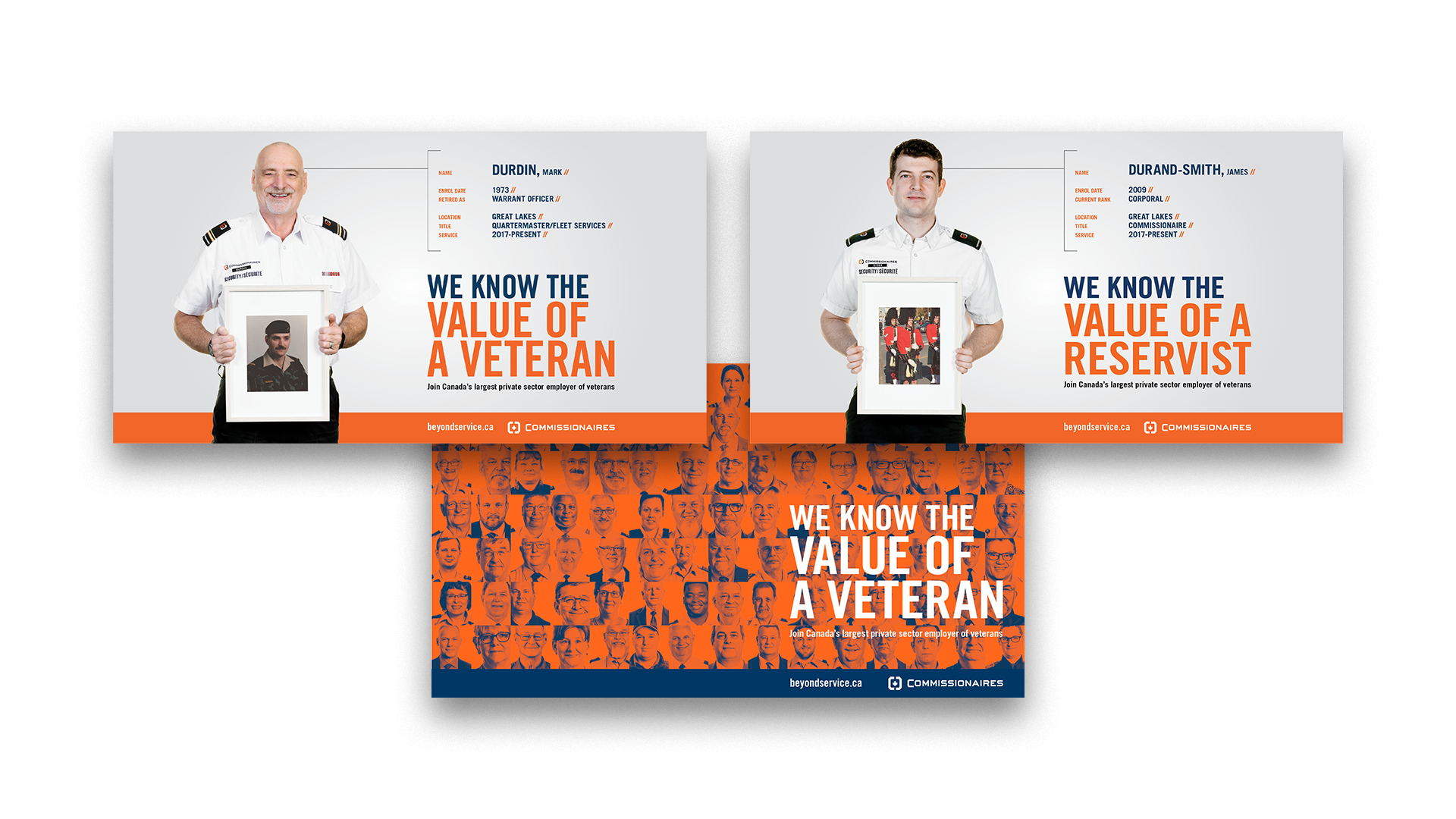 Three social media ads: two with Commissionaires and their photos, one with a grid of Commissionaires on orange background.