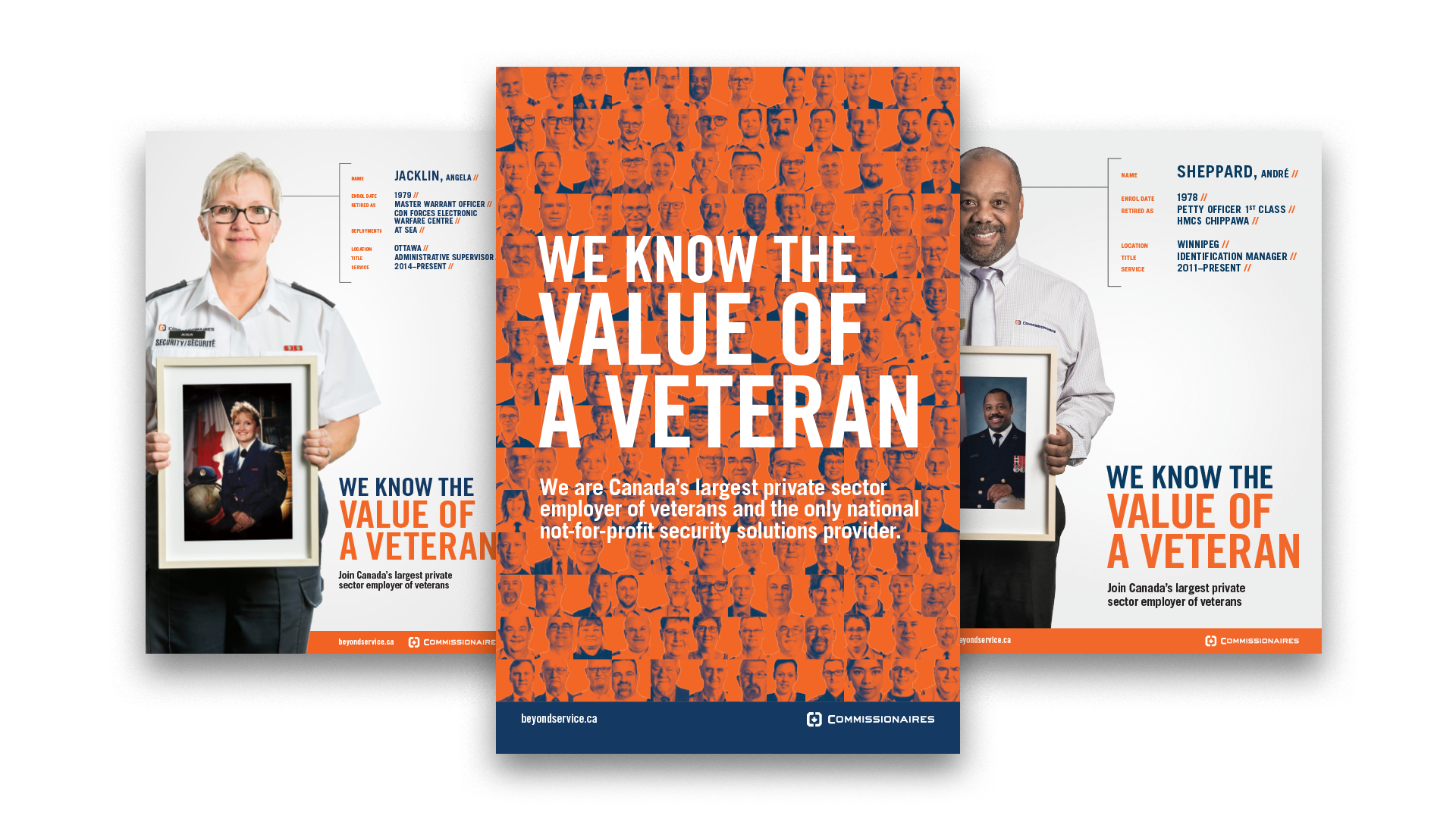 We Know the Value of a Veteran posters: one orange with a grid of Commissionaires, two white with one Commissionaire each.