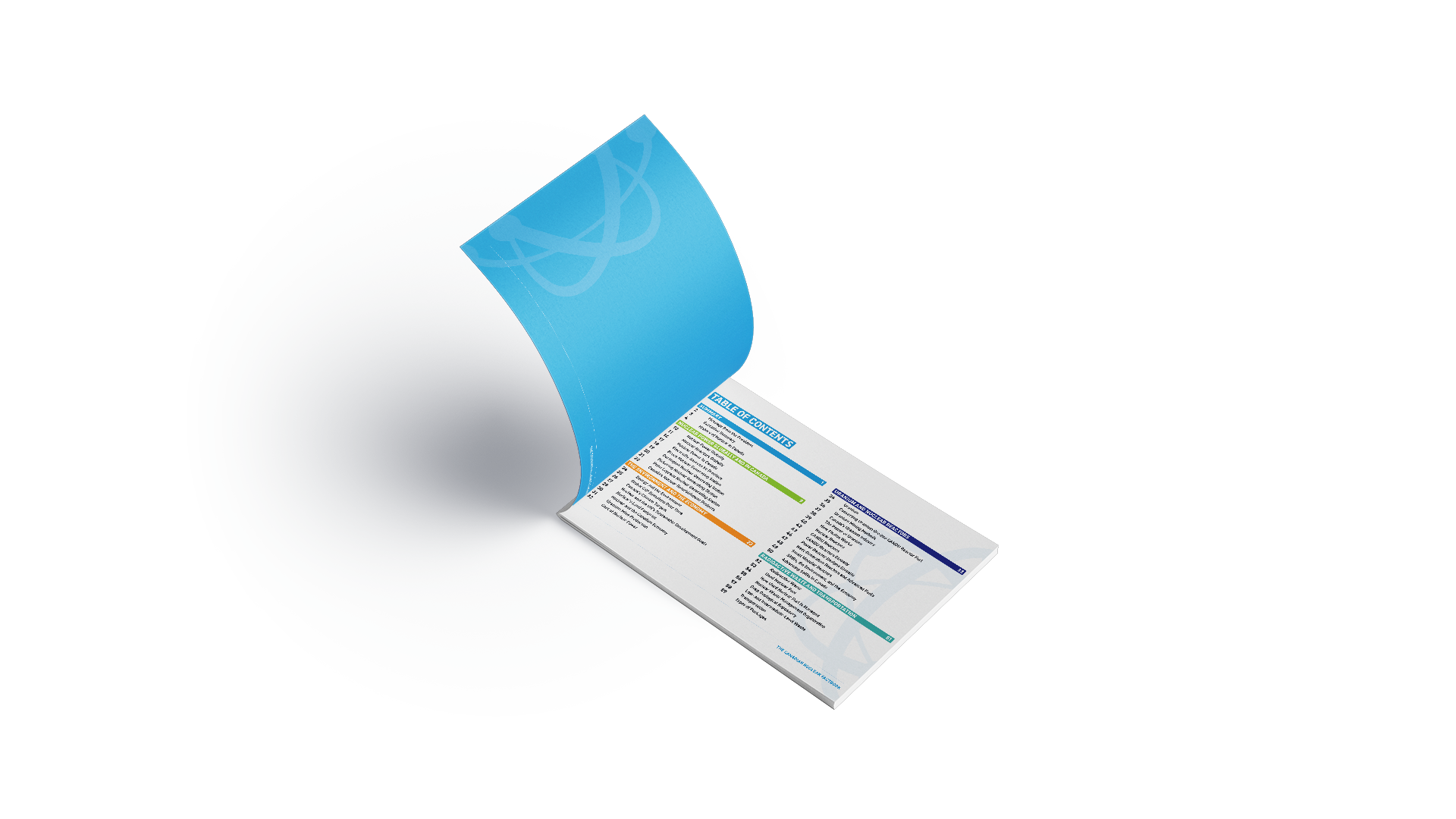 Opened CNA Factbook showcasing the colourful table of contents page, the inside cover and background featuring a nuclear symbol.