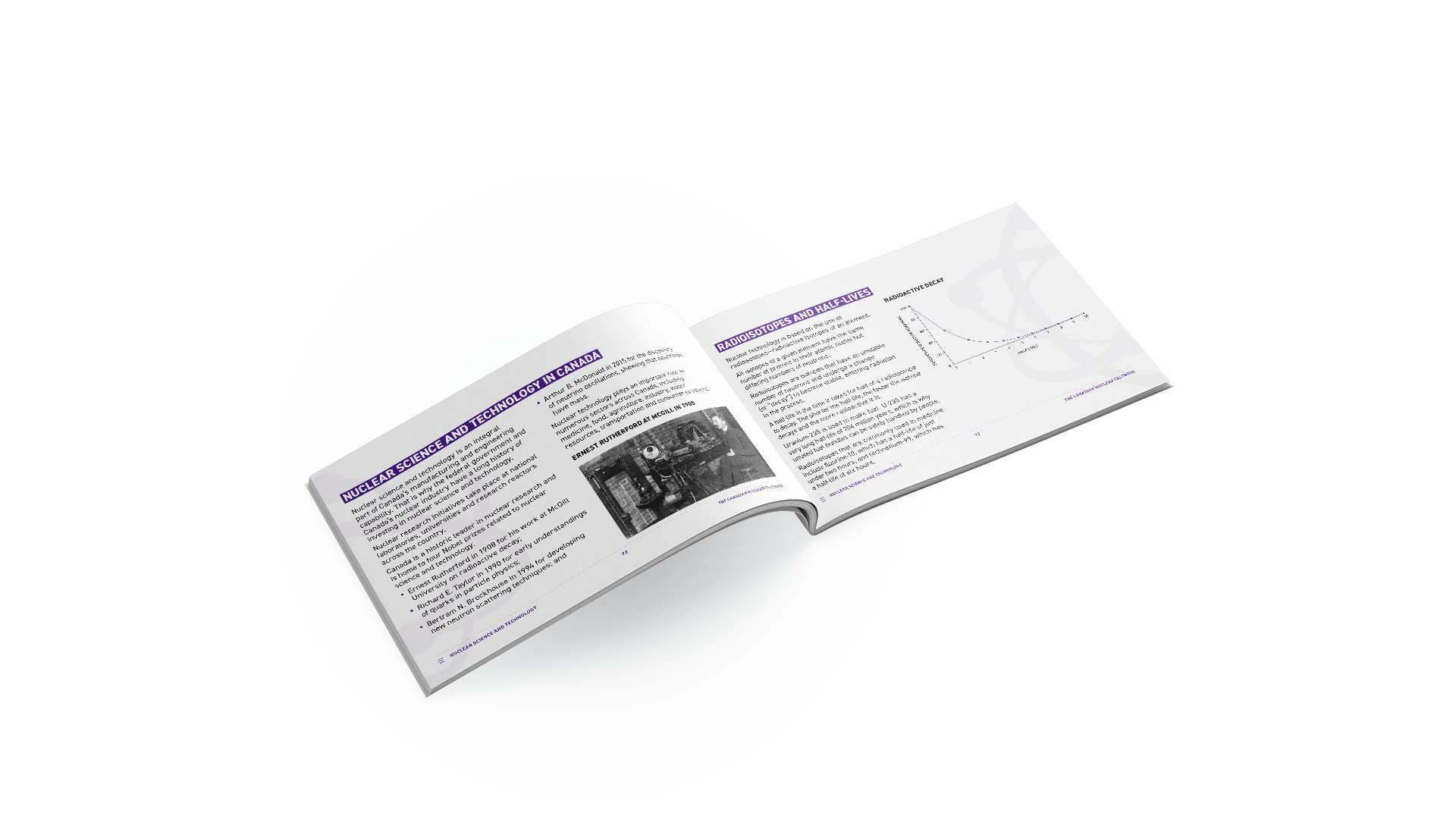 Spread of the CNA Factbook; left, "Nuclear Science and Technology in Canada" and right, "Radioisotopes and Half-Lives".