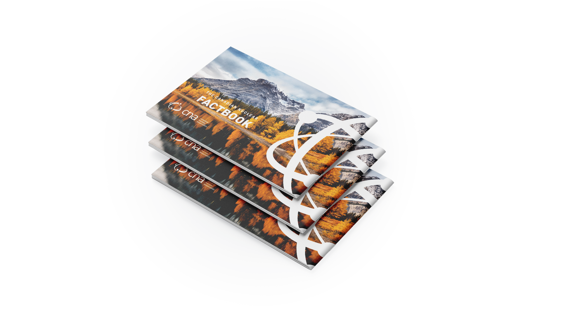 Three books showing the CNA Factbook 2025 back cover, with a landscape image, white nuclear symbol, title, and logo.