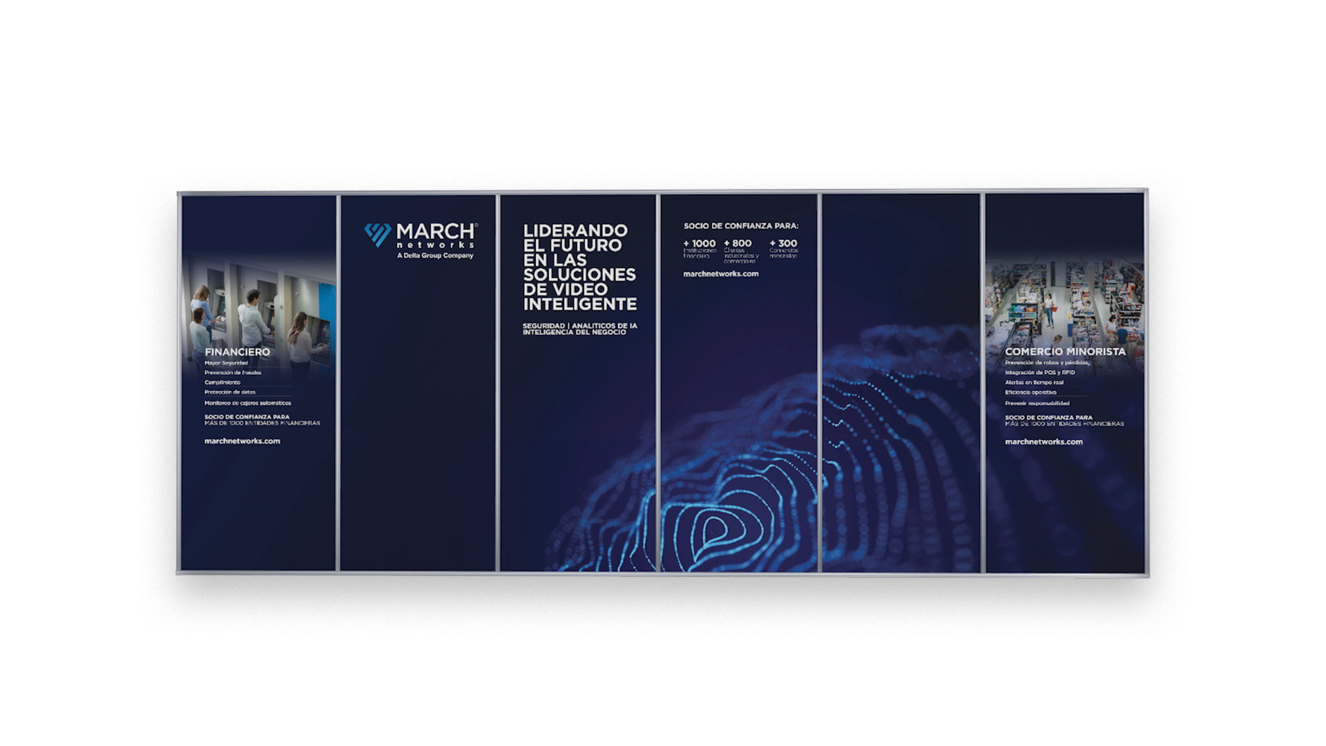 3D render six-panel event display featuring a glowing web bleeding across panels and two highlight panels at each end with text.