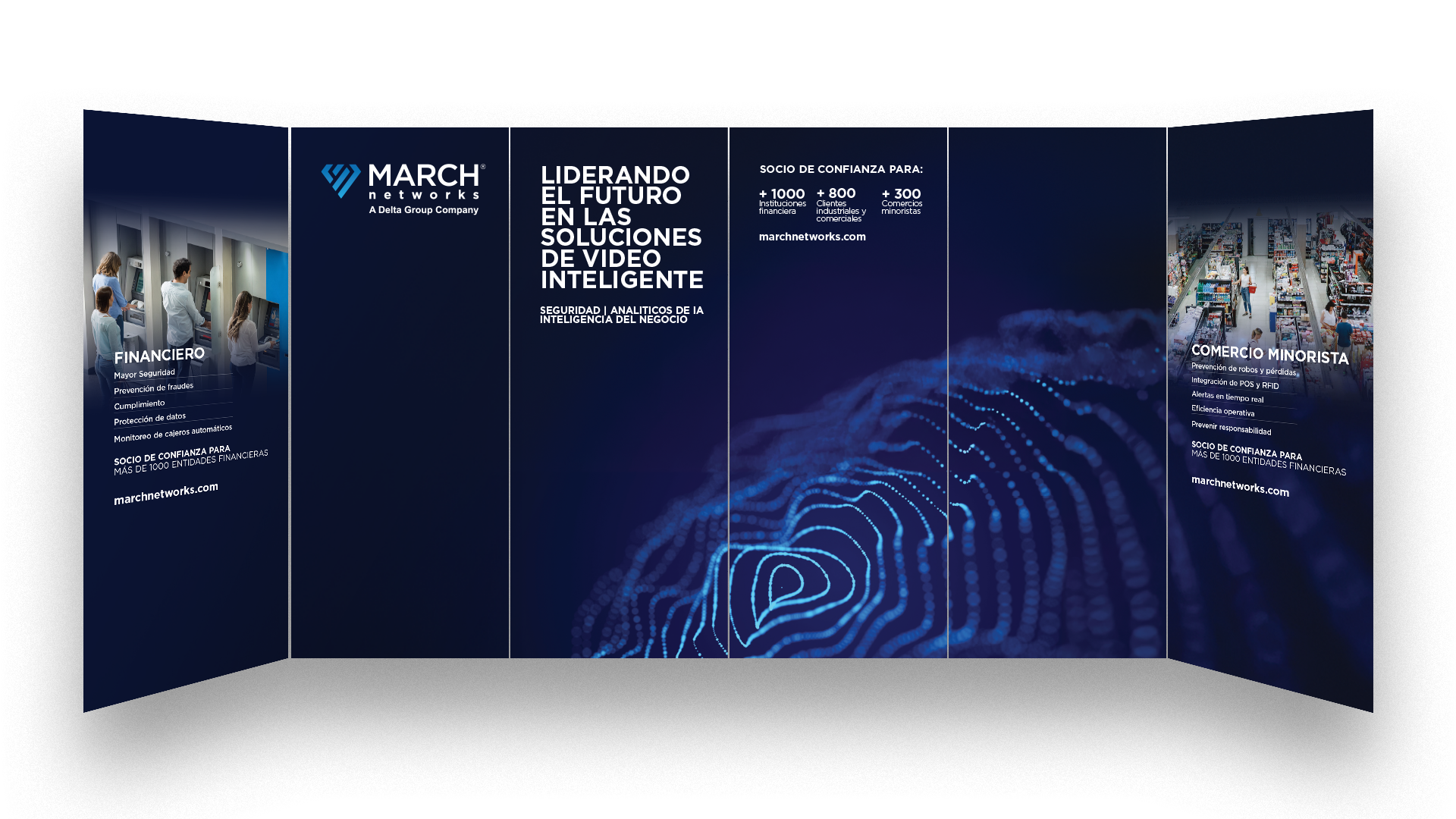 Six-panel event display mocked-up featuring a glowing web across multiple panels. One information panel on each end.
