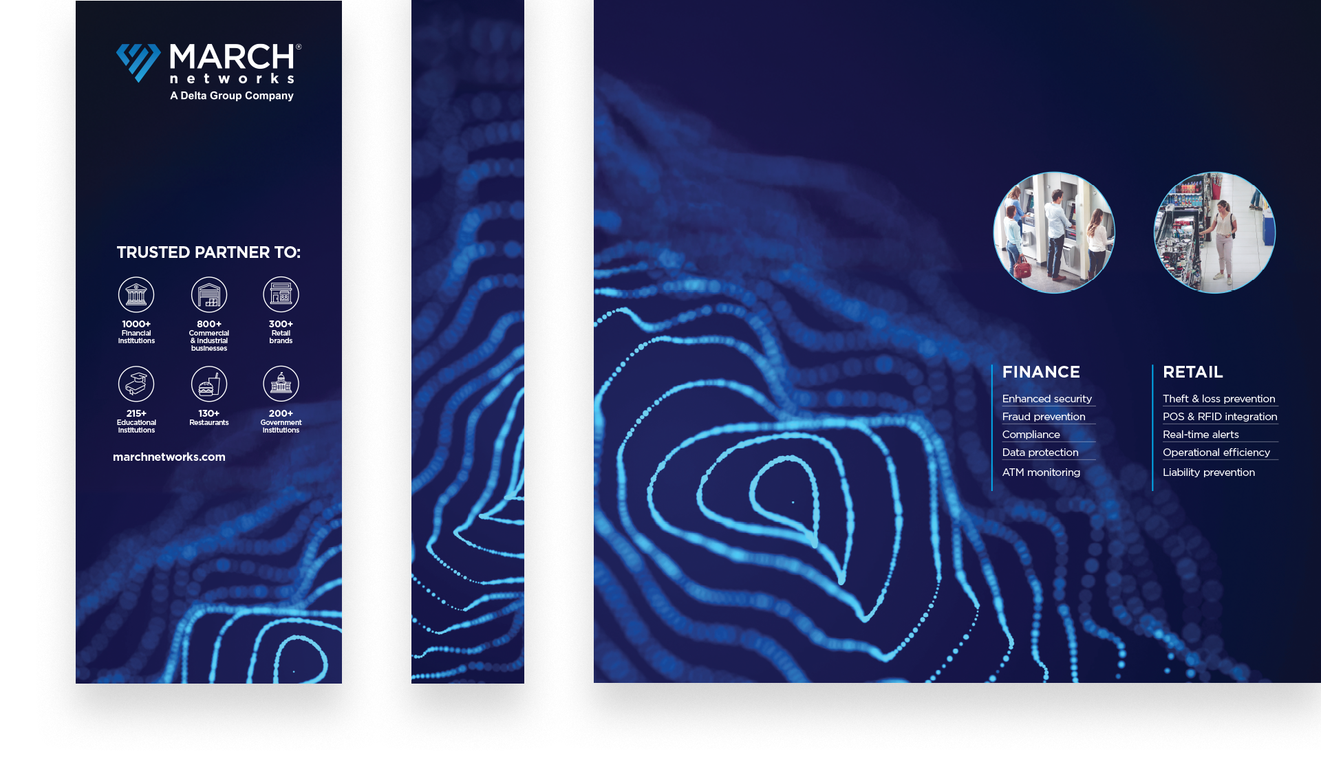Three panels of the March Networks event booth with a glowing web across multiple panels and informational content.