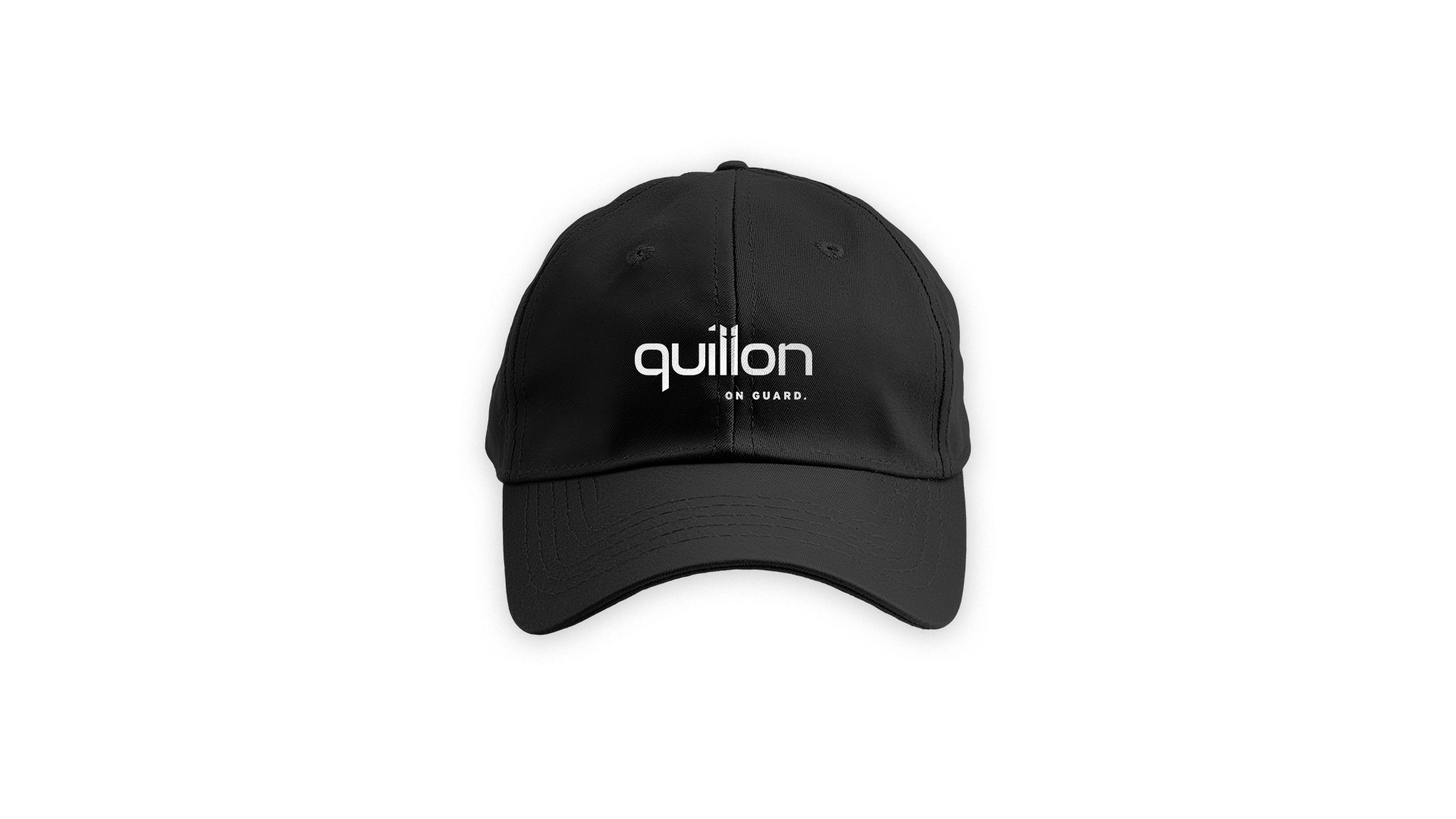Black baseball cap with white Quillon logo centred on the front above the brim.